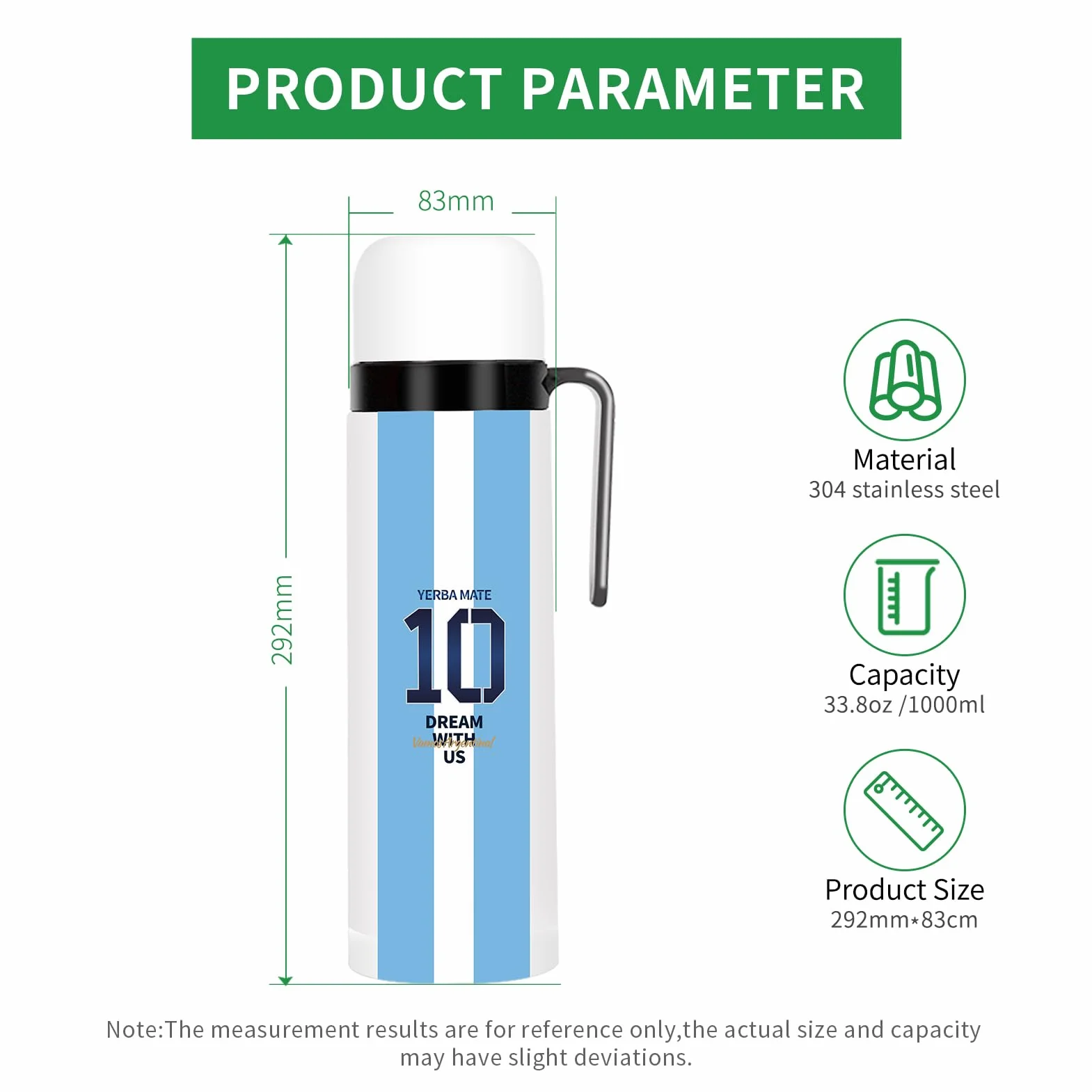 CUOPRU Botella de acero inoxidable de doble pared aislada al vacío 32 onzas sin BPA estilo Capitán de Argentina