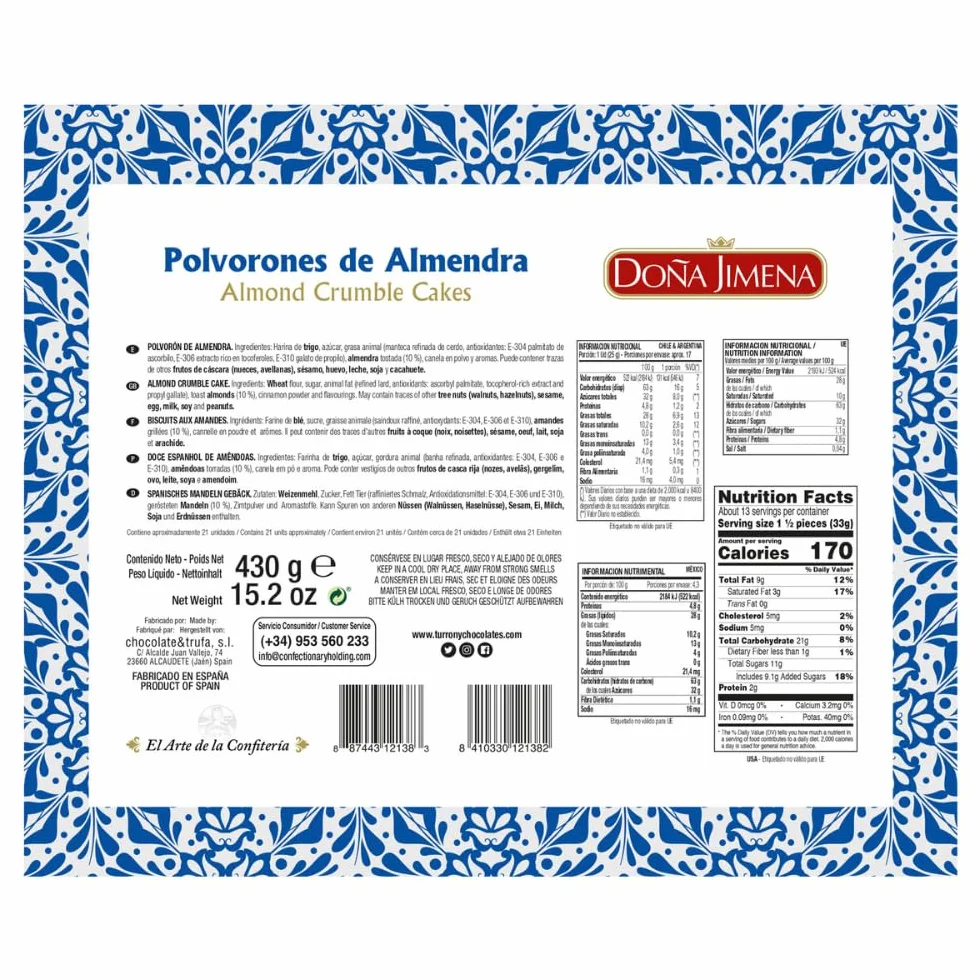DOÑA JIMENA - Polvorón de Almendra, Calidad Suprema, Sabor Clásico, Exquisito al Paladar, Típico Dulce Navideño, Receta Artesanal, 430g
