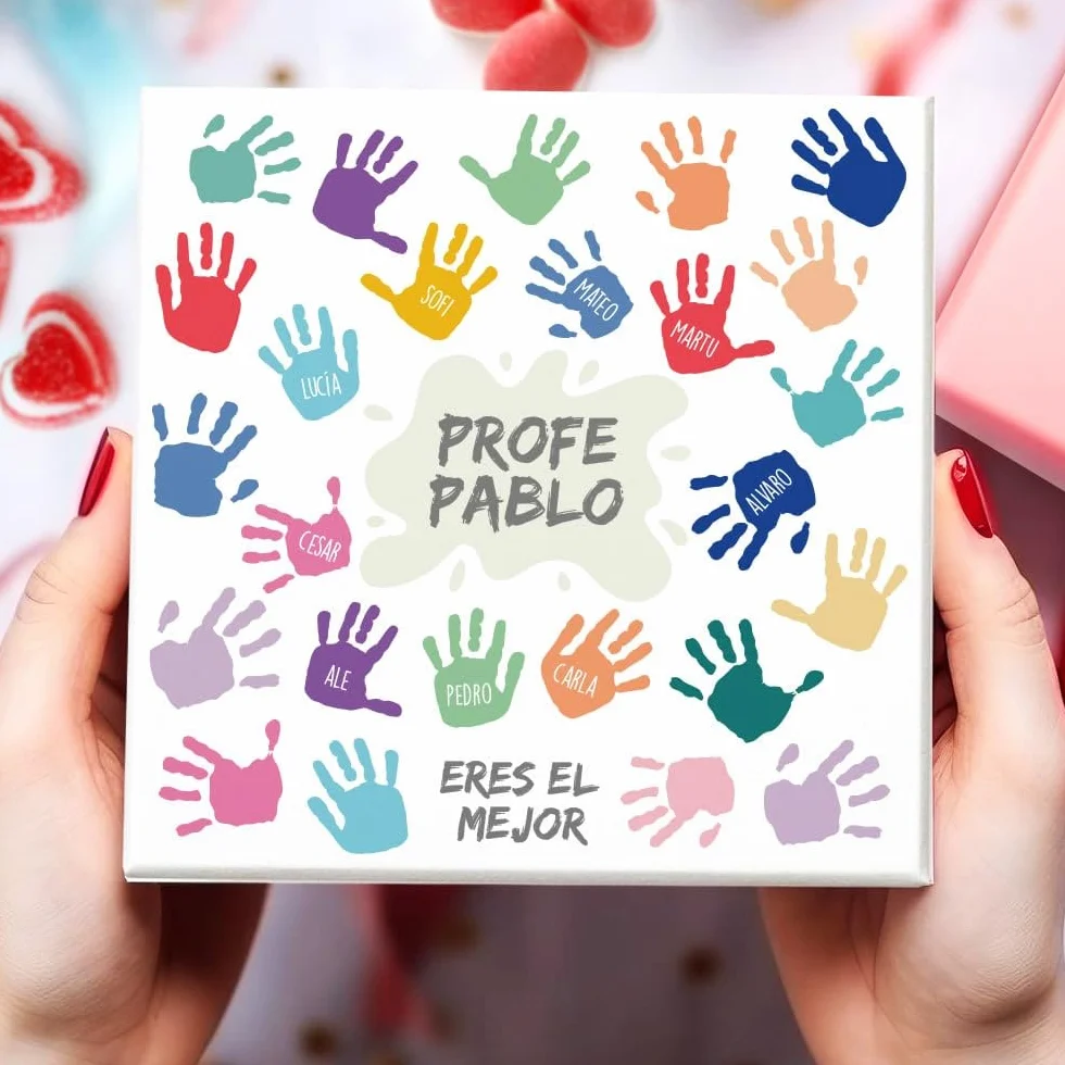 Transparent Gift Caja de Dulces Personalizada con Nombres y Texto Manos de Colores Pequeña. Regalos Originales para Profesores. Caja para Chuches. Regalos para Mujer y Hombre. Cumpleaños, Fin de Curso