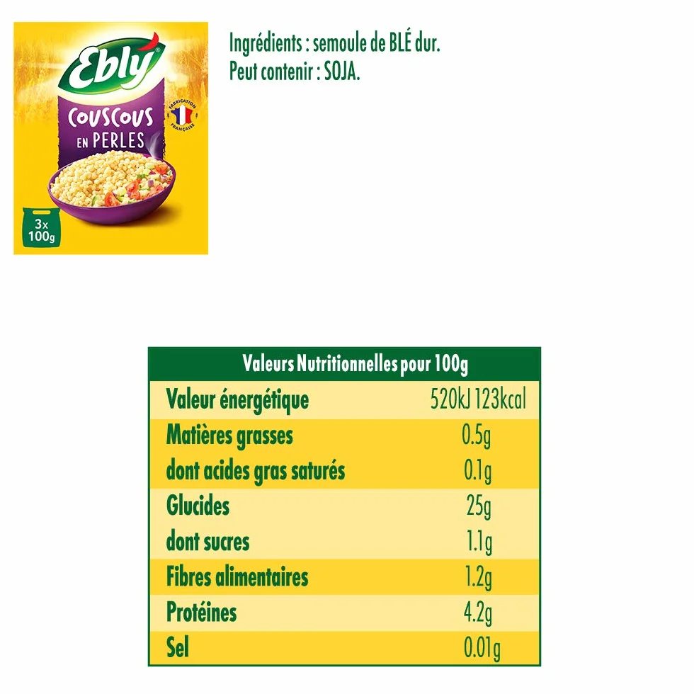 EBLY Couscous en Perles Cuisson 10 Minutes 3 Sachets de 100 g