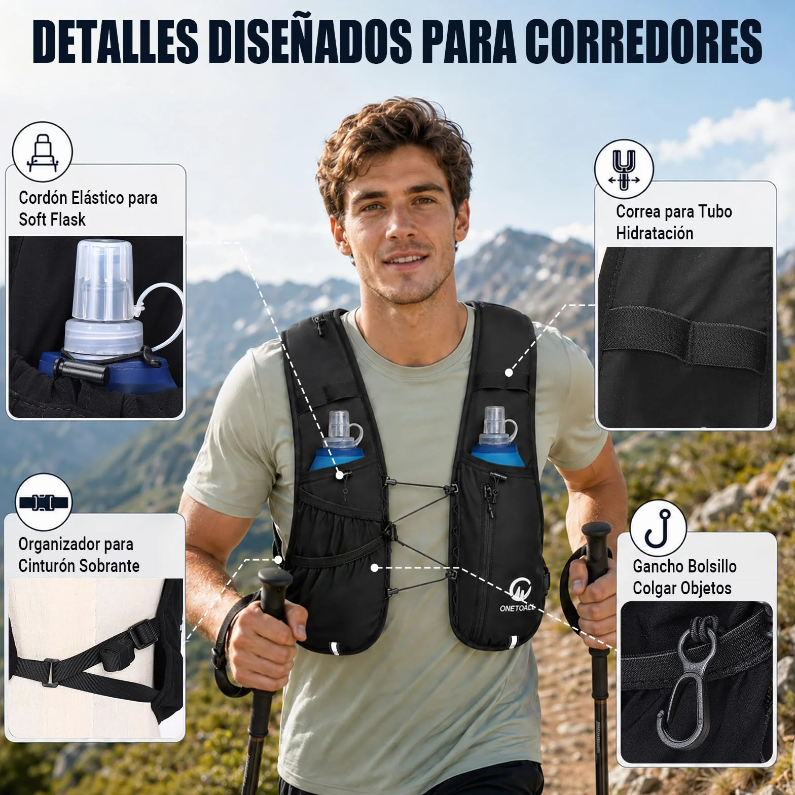 Chaleco Hidratacion Trail Running para Hombre Mujer con 2× Soft Flask 500ml y Luz LED Recargable Ultraligero
