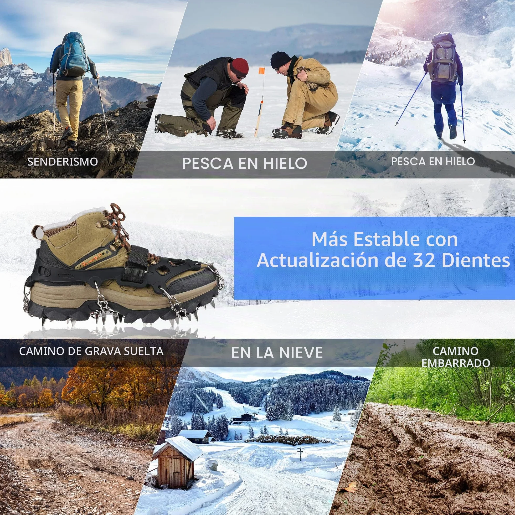 Crampones 32 Dientes Antideslizantes Empuñaduras de Nieve para Botas de Senderismo y Montañismo