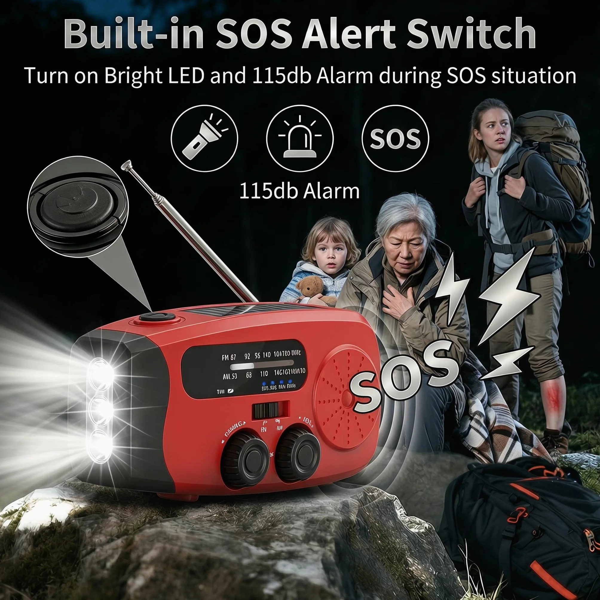Radio Portátil de Emergencia Solar con Powerbank 2000mAh y Linterna LED, SOS-Alarm para Camping y Huracán