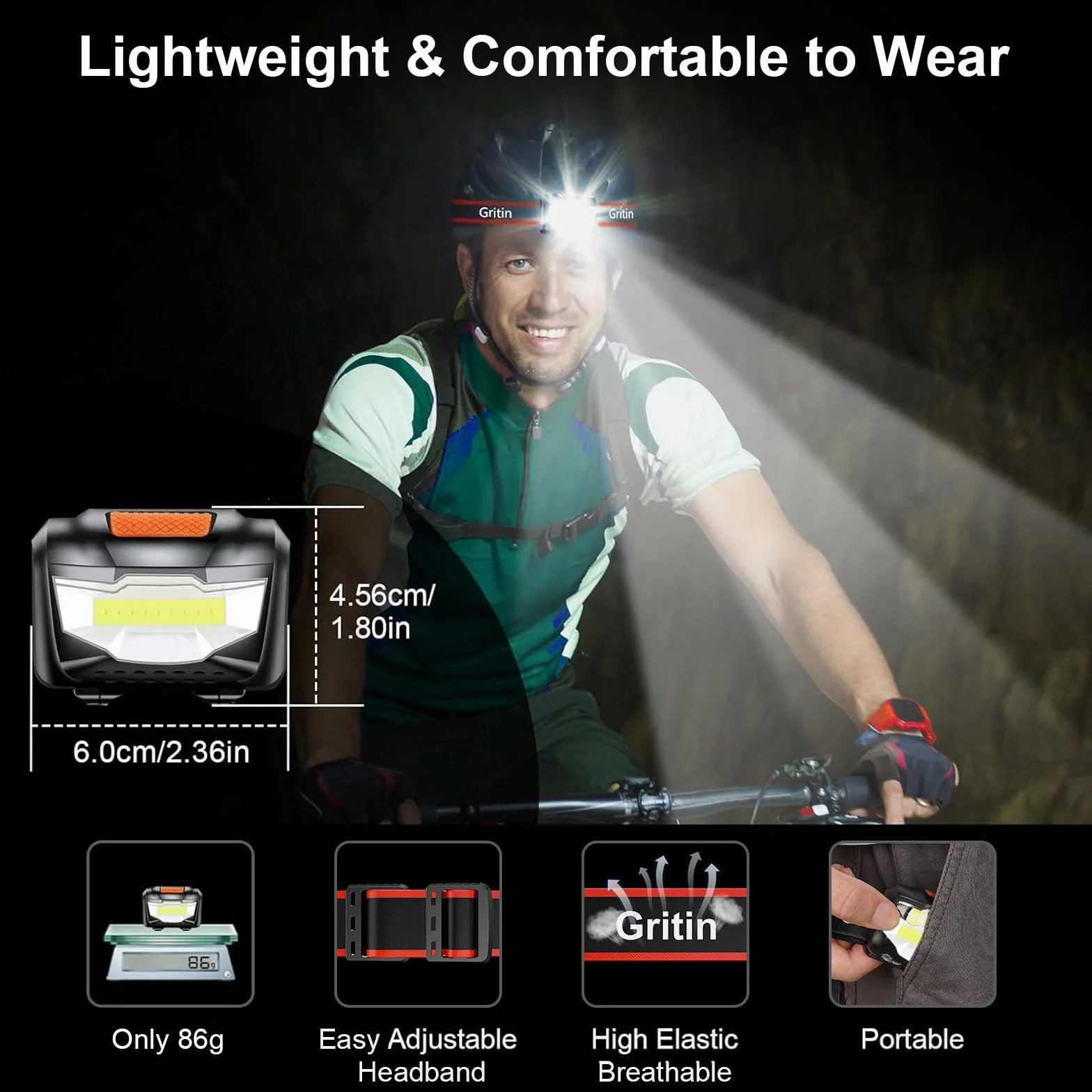 Gritin Linterna Frontal LED 2 Pack COB Super Brillante Impermeable para Correr Acampar