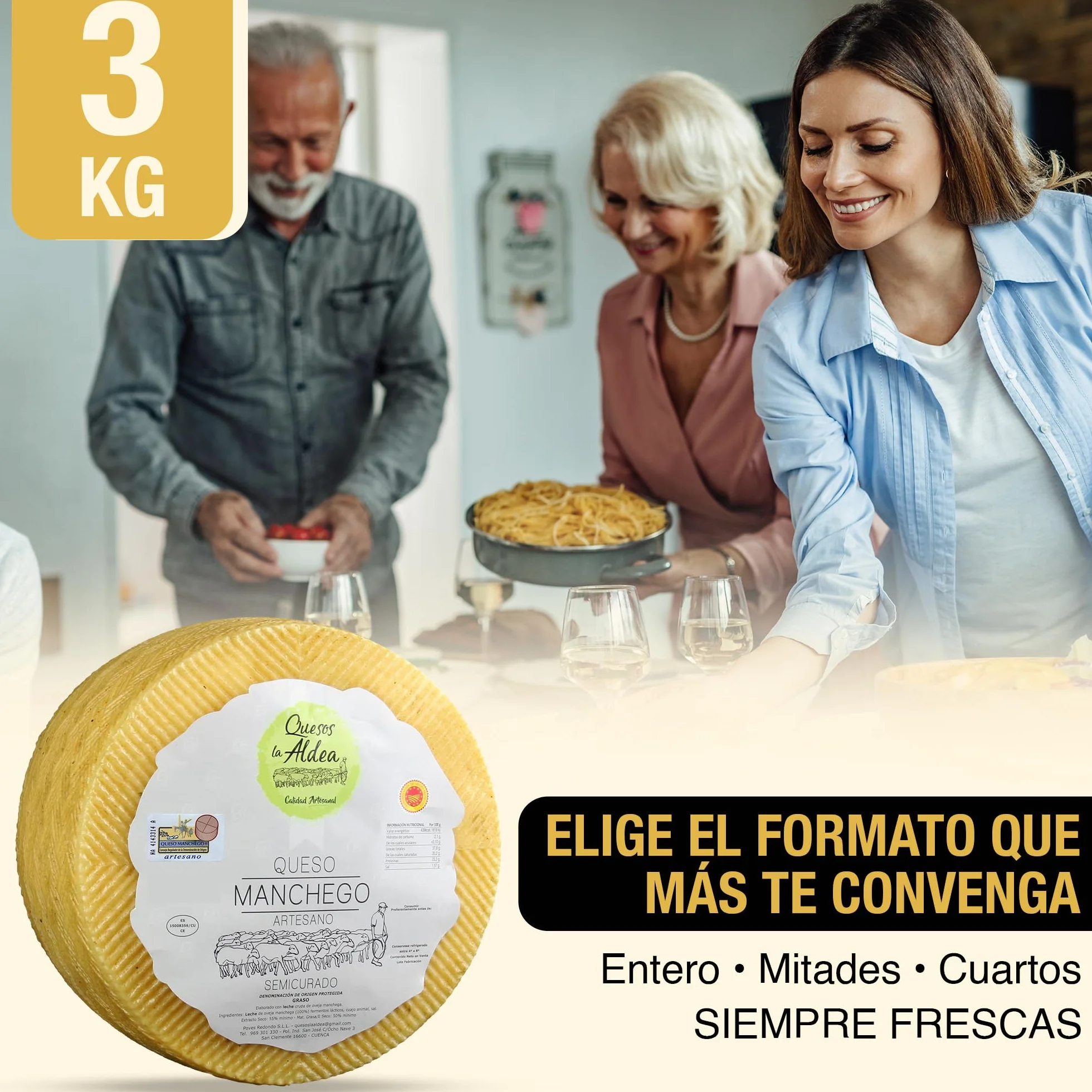 Queso Manchego Artesano Semicurado 3 kg Leche de Oveja D.O. La Mancha Gourmet Regalo