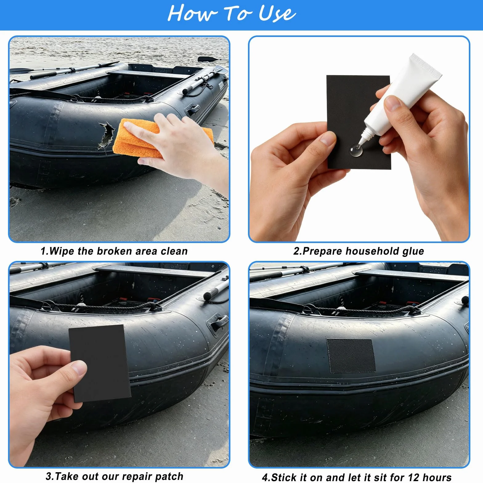 Parche de Reparación de PVC Impermeable, 4 Piezas, para Kayak, Bote Inflable, Canoa
