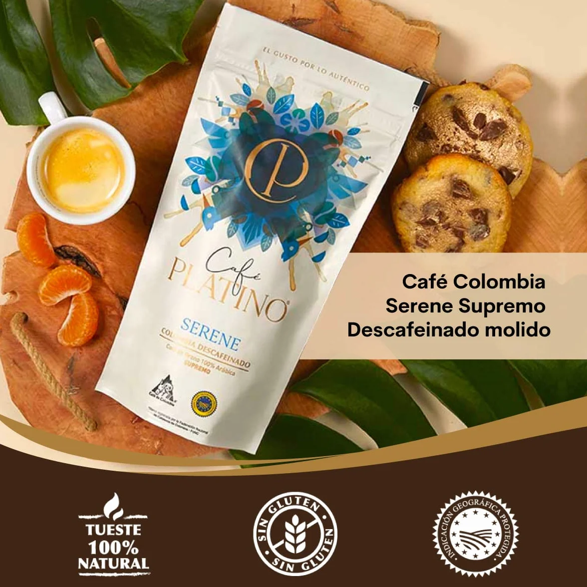 Café Platino Serene - Pack 2 sobres de 250g - Café Gourmet Molido Descafeinado de Colombia Supremo - 100% Arábica
