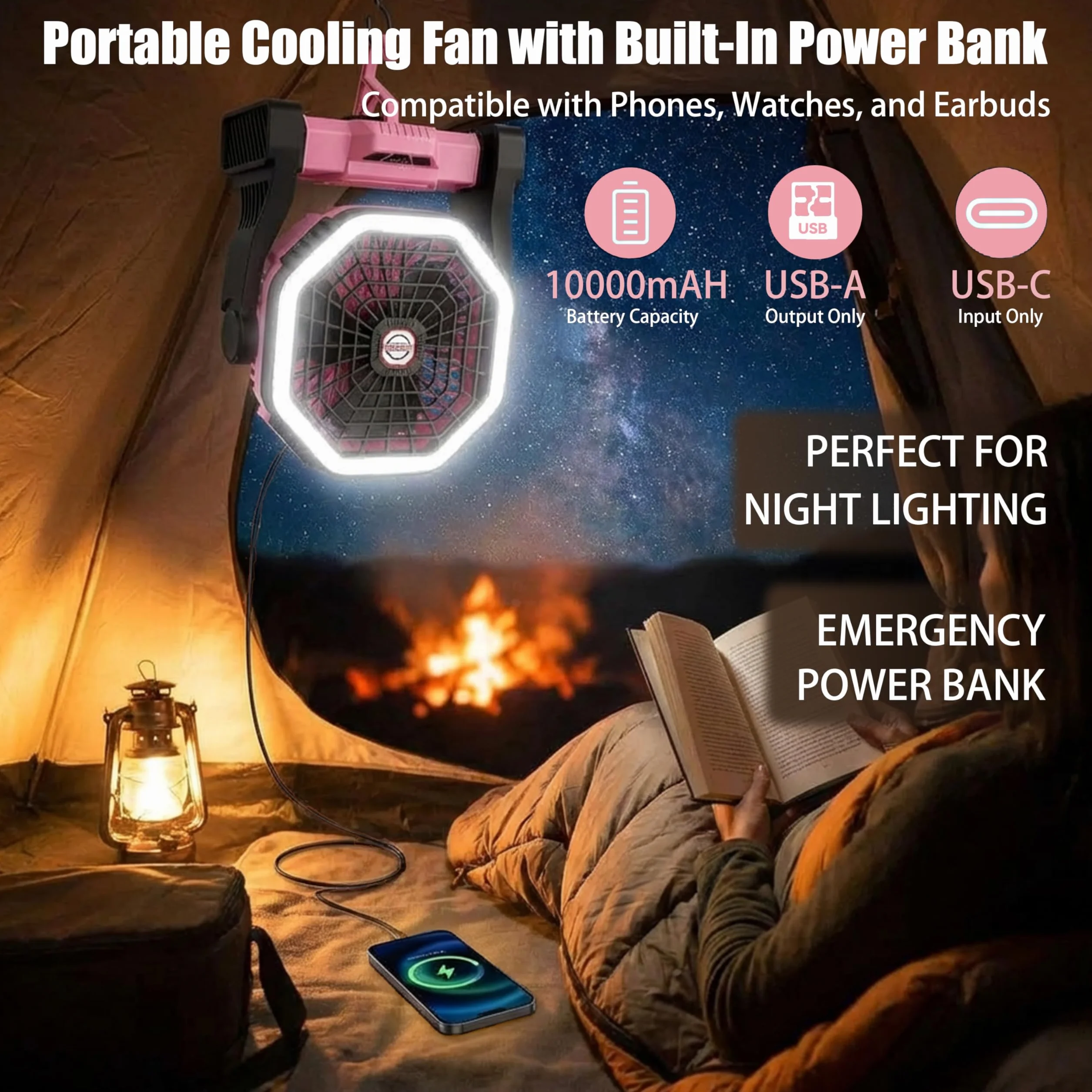 Ventilador LED portátil recargable 2 en 1 10000 mAh Rosa
