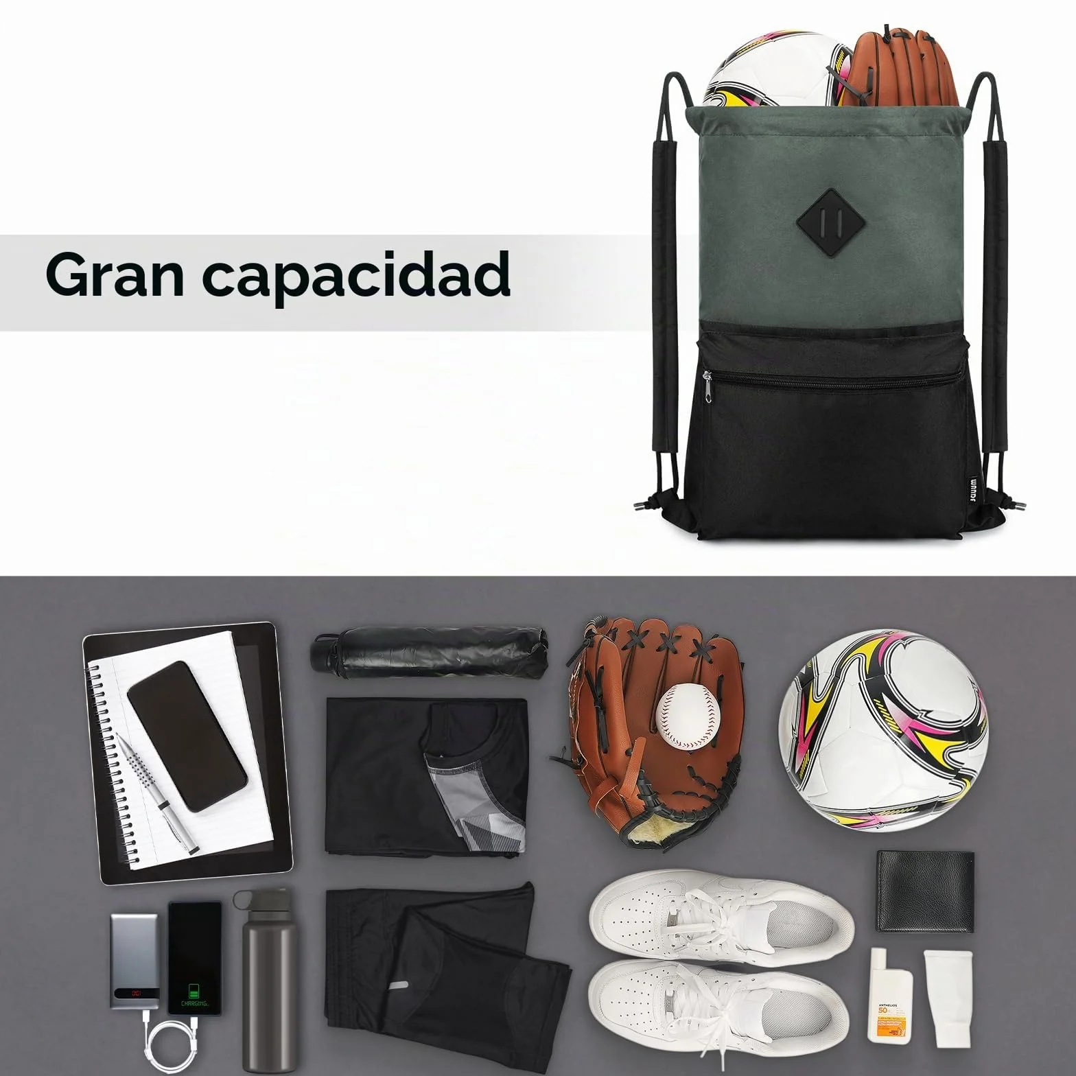 WANDF Bolsa deportiva con cordón impermeable compartimento húmedo negra