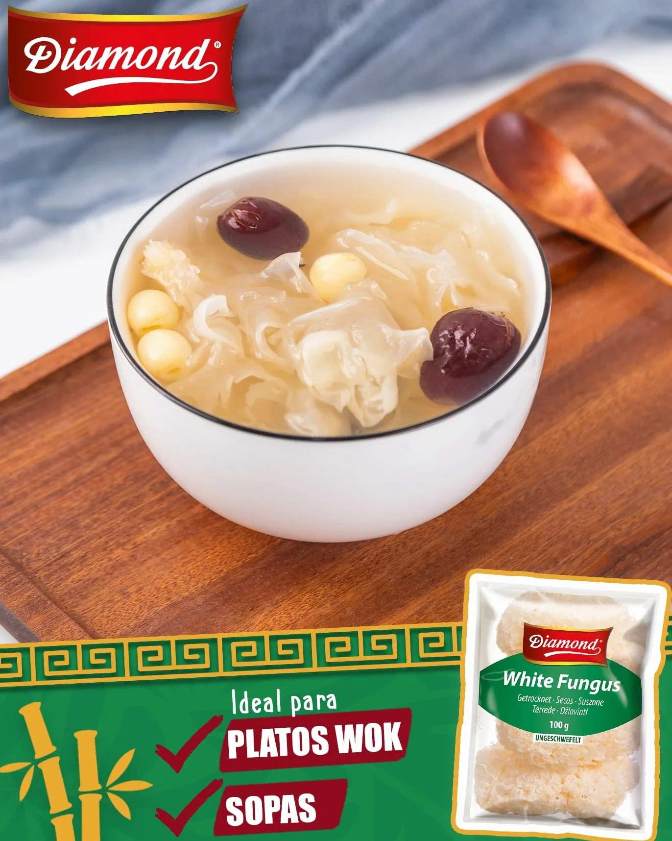 DIAMOND Setas White Fungus (Hongo blanco), setas secas asiáticas para sopas y platos wok - 5 x 100 g