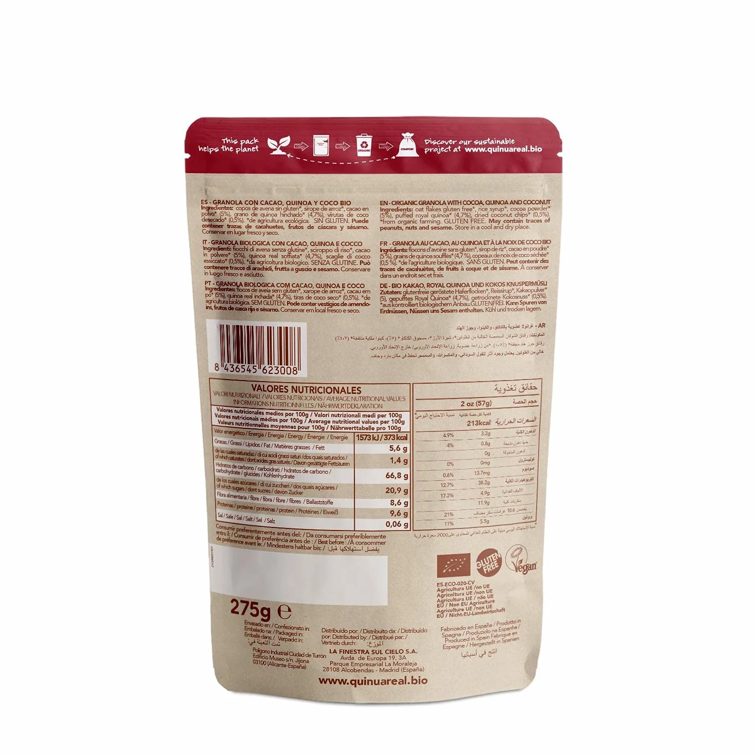 Granola de quinoa real con cacao y coco sin gluten BIO - Quinua Real - 275g