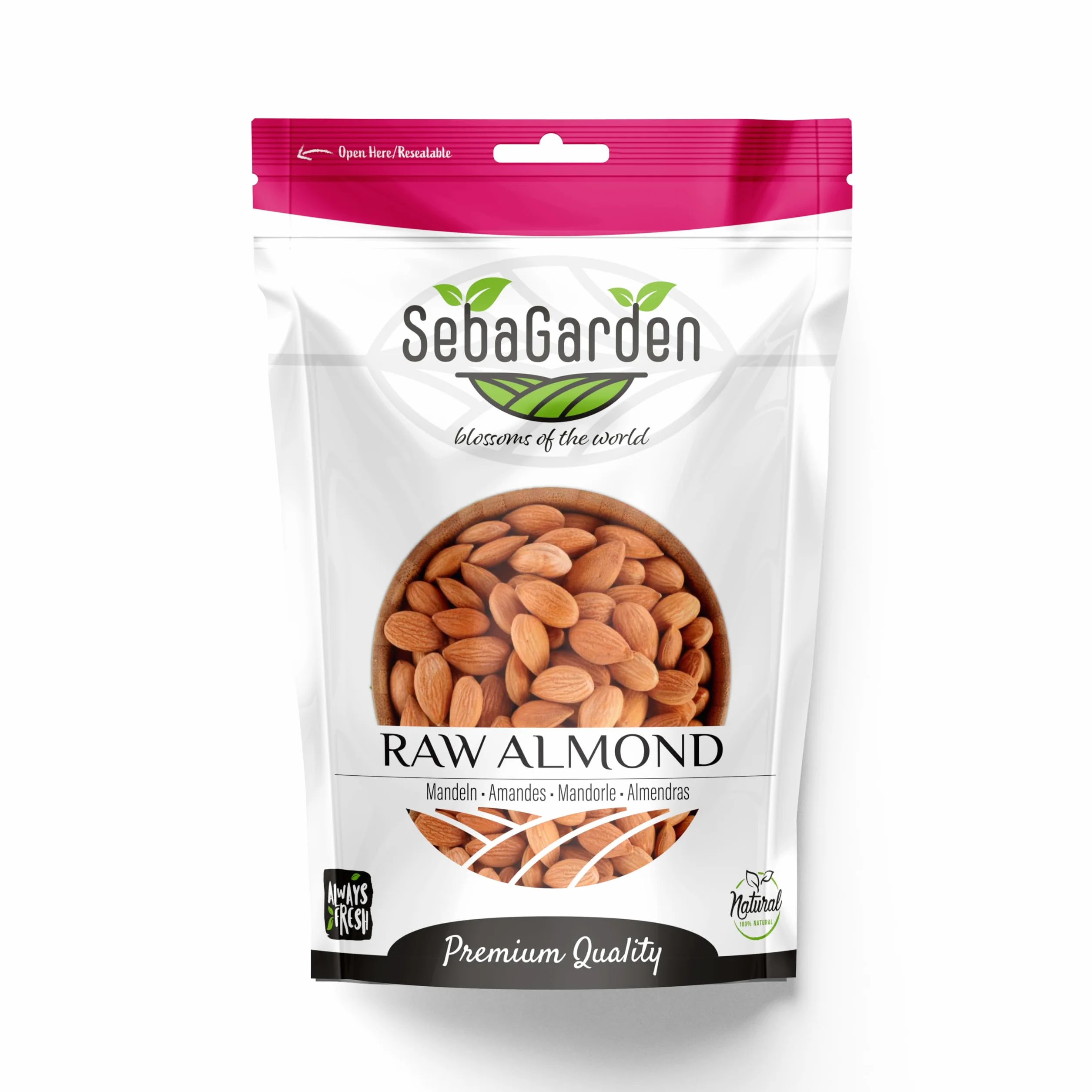 Seba Garden Almendras californianas crudas, 1 kg, enteras naturales, bolsas con cierre hermético
