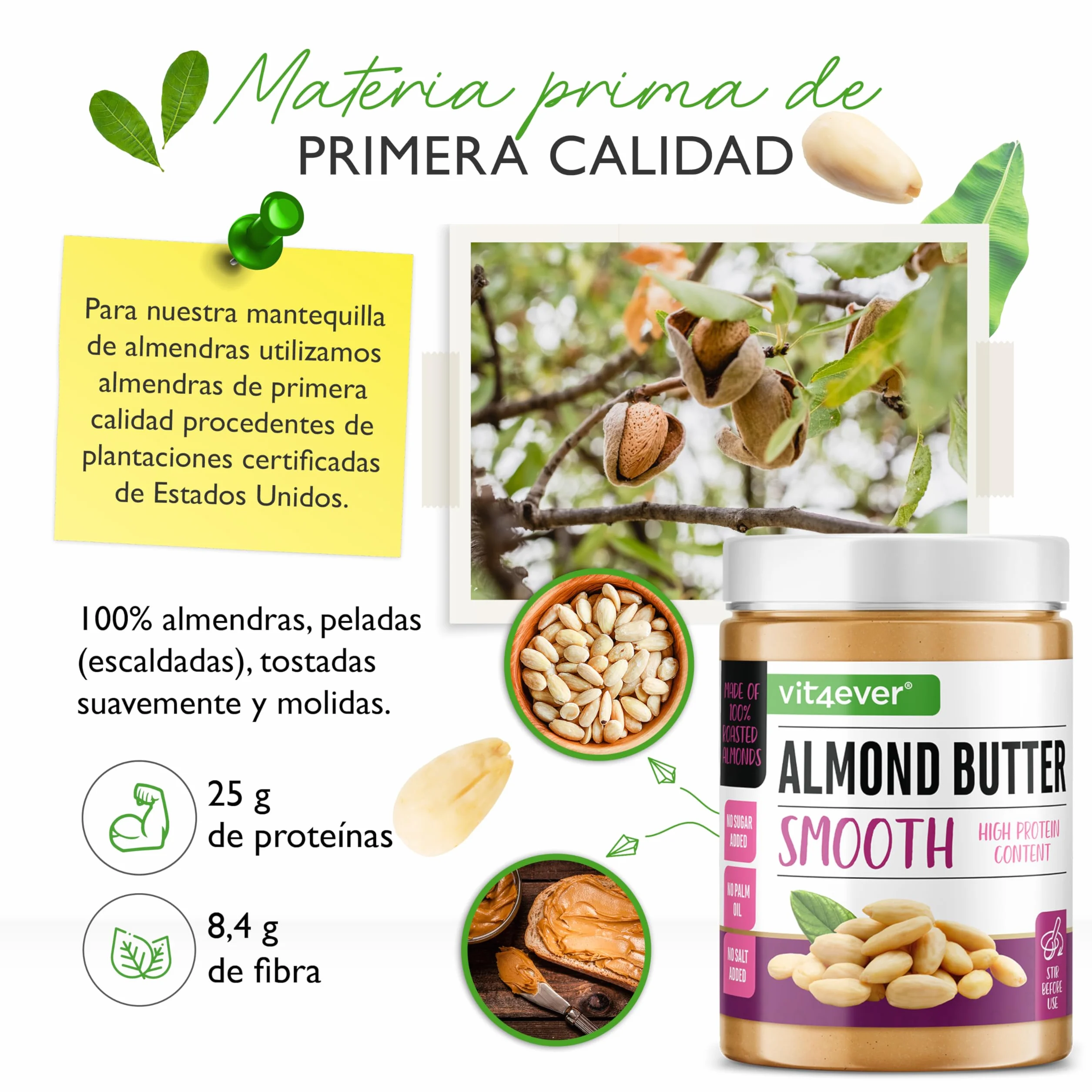 Mantequilla de Almendras Suave - 1kg de mantequilla de almendras natural sin aditivos elaborada con almendras 100% escaldadas - Alta en proteínas - Mantequilla de almendras cremosa sin sal, aceite ni