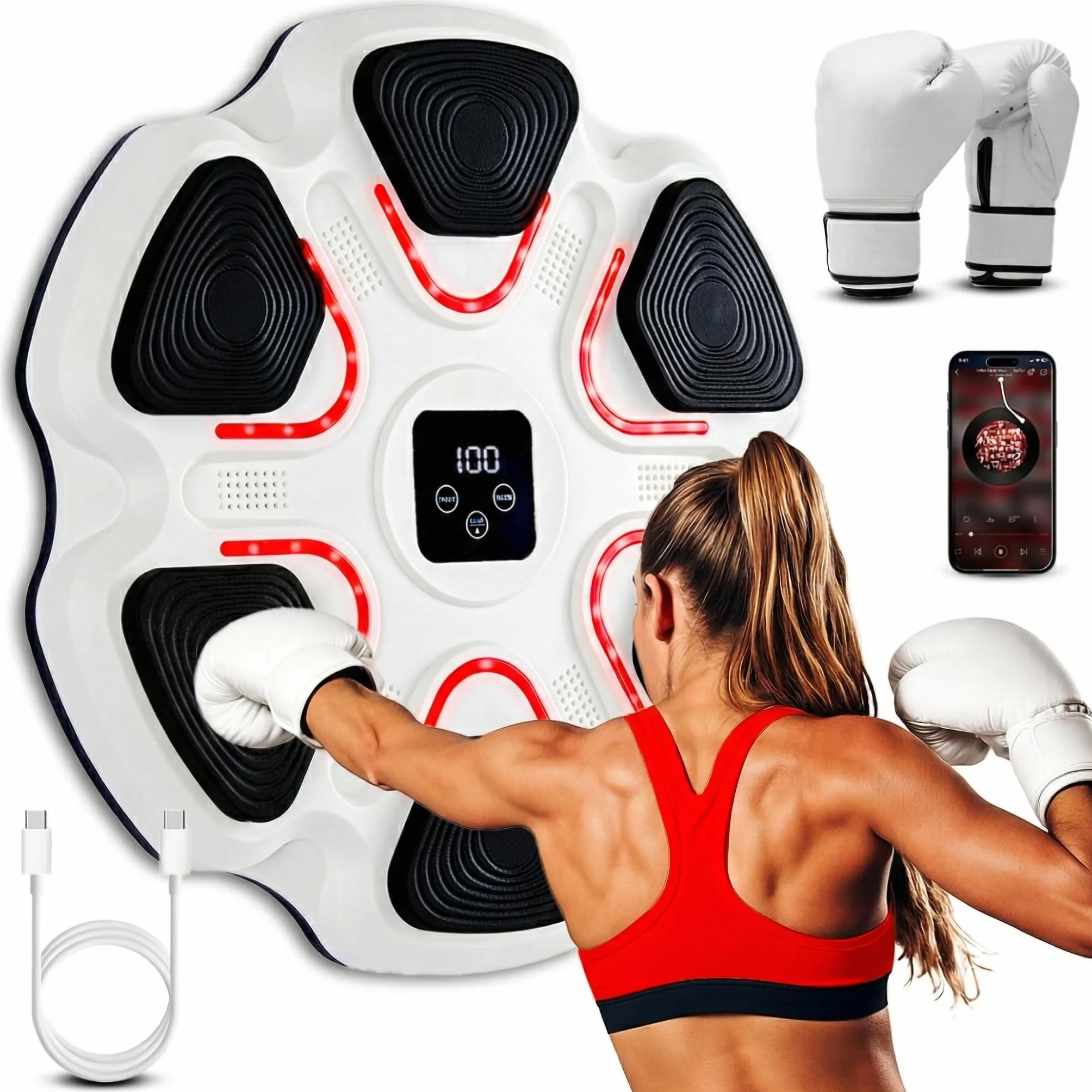 Arcanix Boxeo Pared Musical con Guantes de Boxeo - Maquina Boxeo Musical Pared Bluetooth Panel con Musica Punch Luces 9 Velocidades