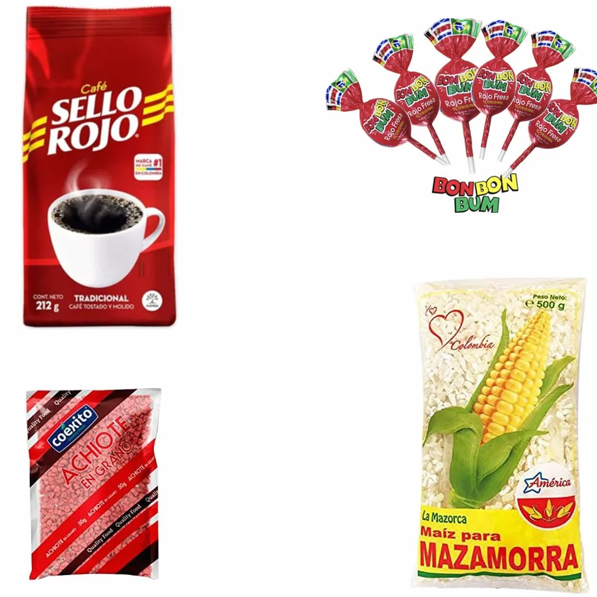 Set Degustación PREMIUM de Comida y Bebidas Colombianas | Productos y Alimentos de Colombia | Café Sello Rojo, 6 Chupetas BonBonBum sabores Surtidos, Maiz de Mazamorra y Achiote en grano de 50 gr.