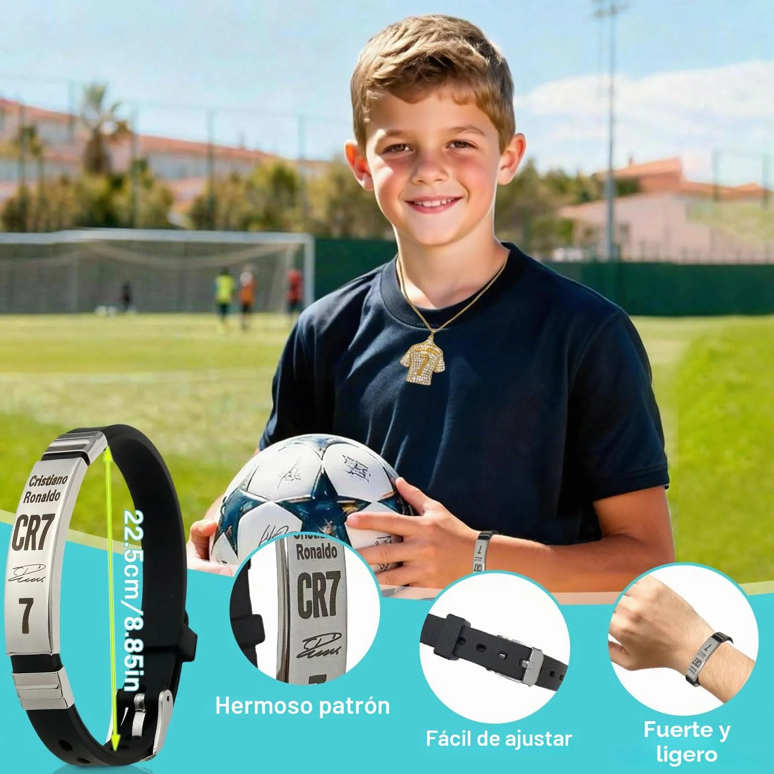 CR7 3-Piece Football Accessory Set: Black & Gold 3D Wristband, Adjustable Emblem, Football Jersey, 7-Chain Necklace