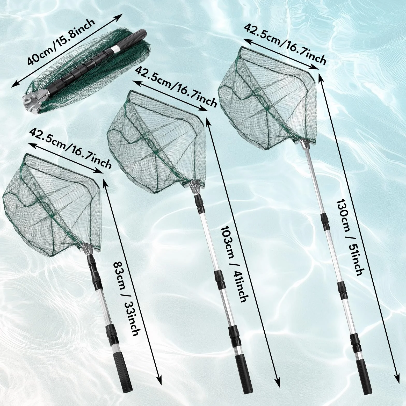 Red de Pesca 130cm Telescópica con Mango Largo Ajustable, Plegable y Portátil para Trucha, Perca y Carpa