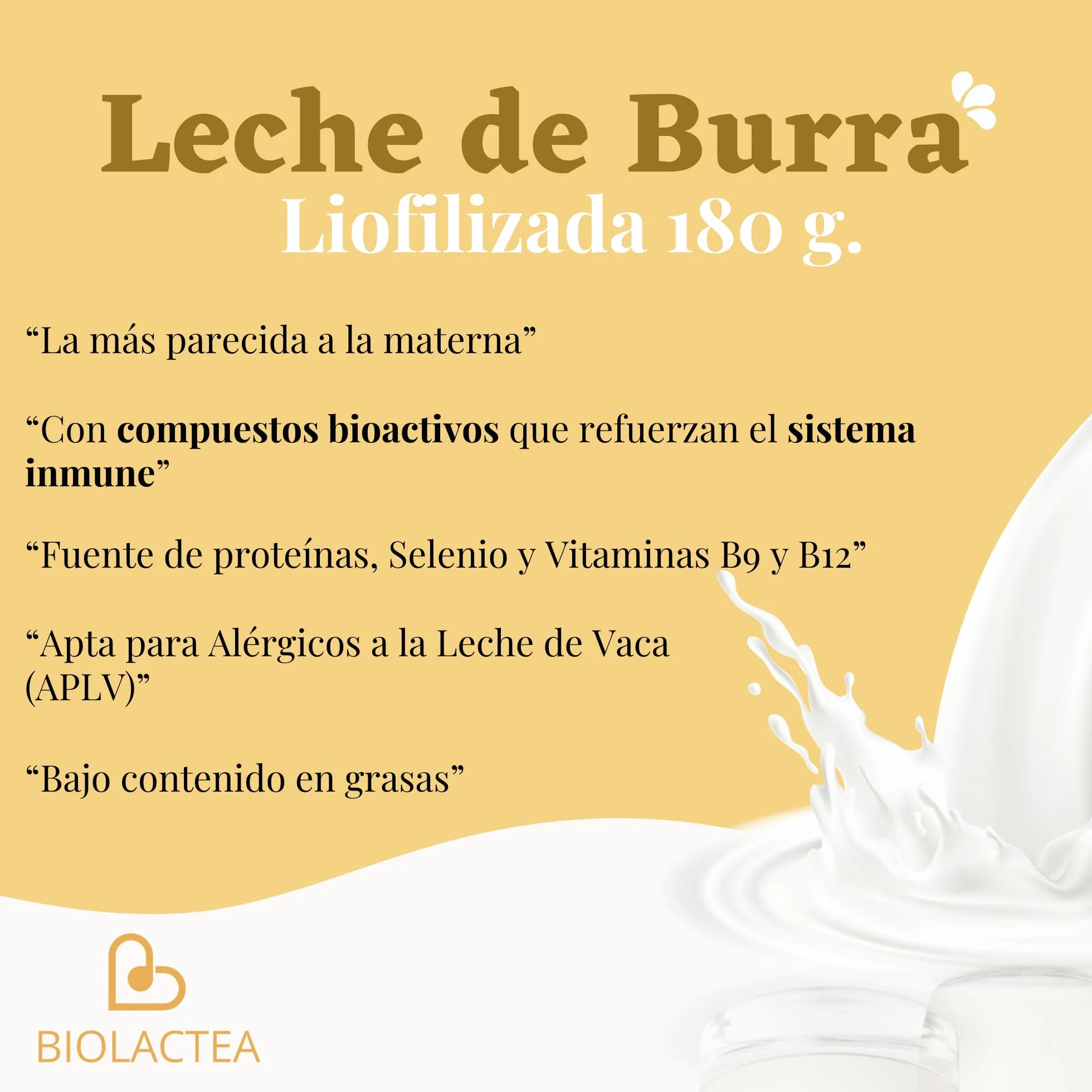 Biolactea Leche de Burra en Polvo 180 gr - Leche Pasteurizada Liofilizada Ecológica Rica en Proteínas