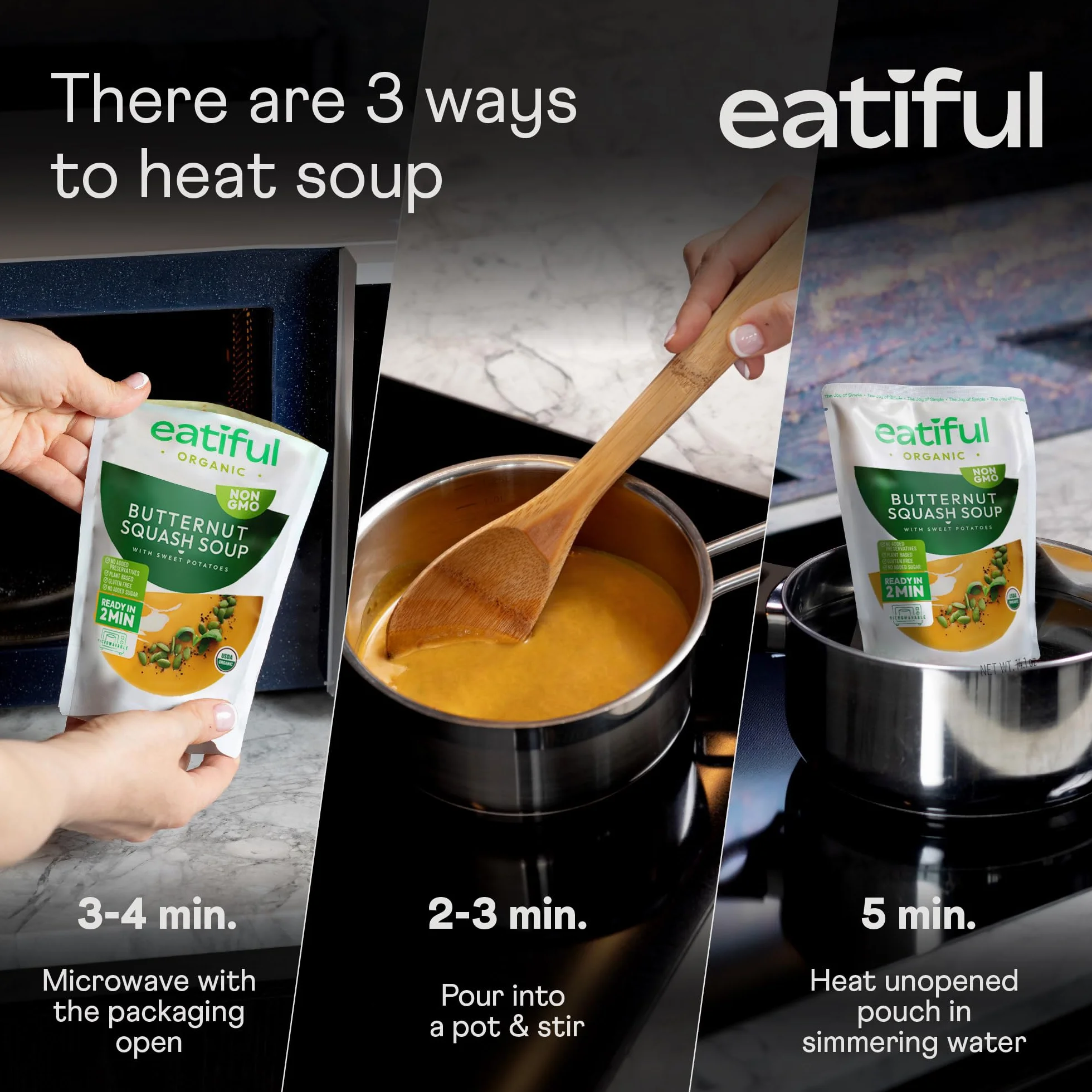 EATIFUL Sopa de Calabaza Moscada, Deliciosa Sopa de Calabaza Moscada Lista Para Comer con Boniatos, Elaborada con Verduras Ecológicas, de Origen Vegetal, sin Gluten y OMG, 400g (Paquete De 10)