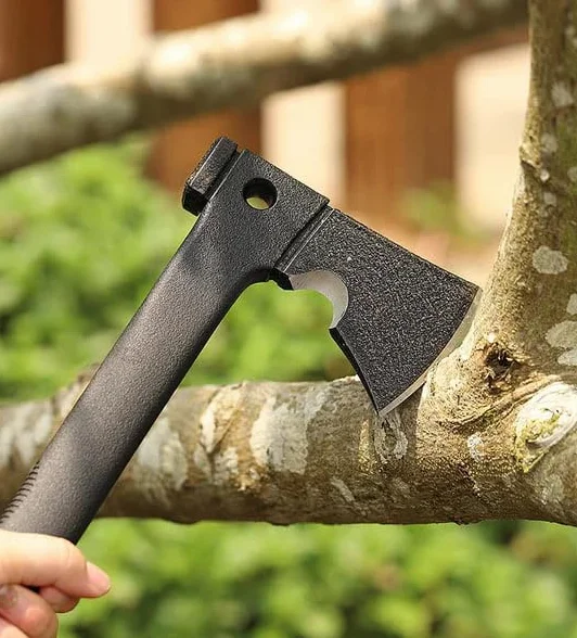 AXIUM Hacha táctica 5 en 1 Multifuncional con Sierra, Martillo, Silbato de Emergencia y Funda ABS para Camping