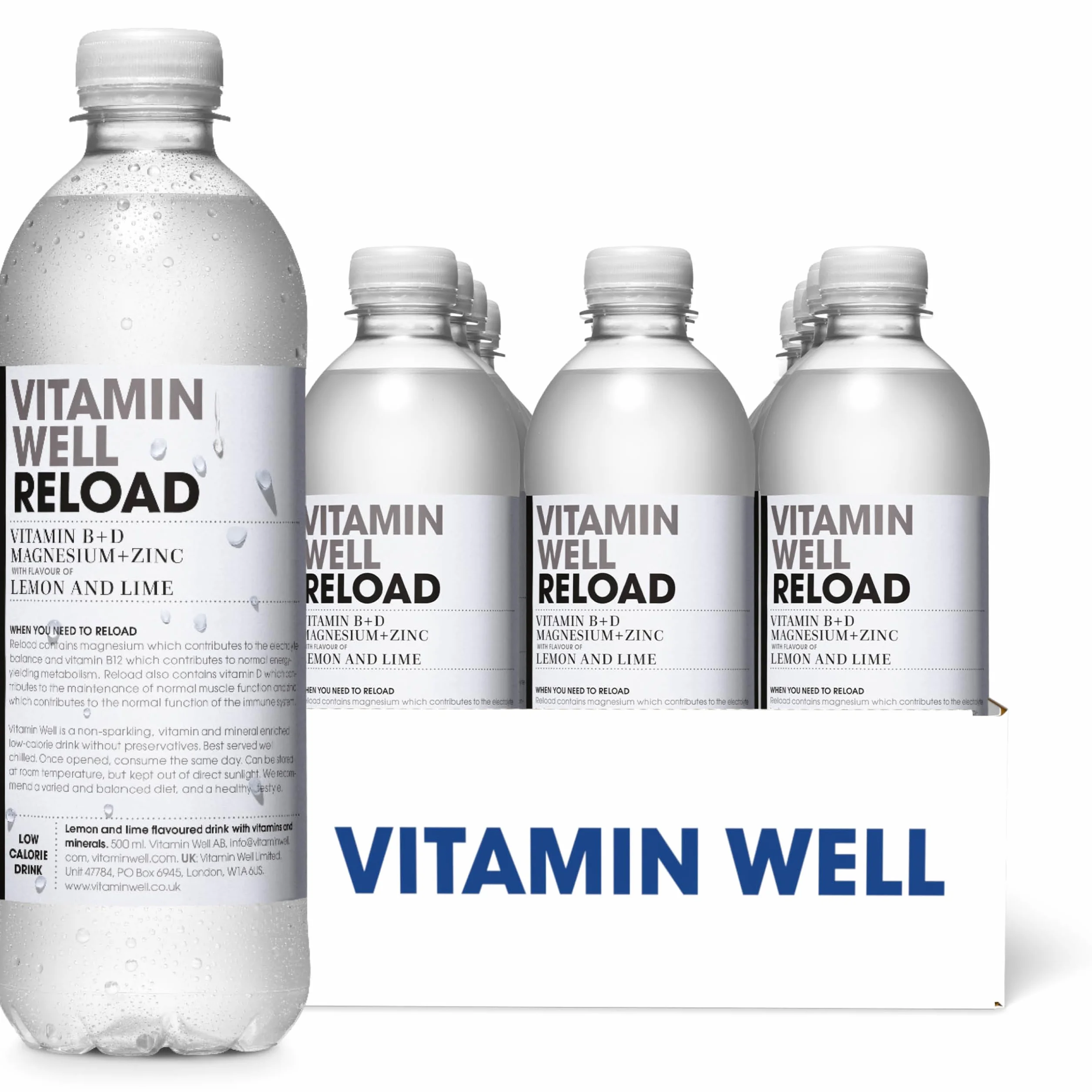 Vitamin Well Agua con sabor a limón y lima, enriquecida con vitamina D, B, magnesio, zinc, baja en calorías, agua con vitaminas, 12 x 500 ml (recarga)