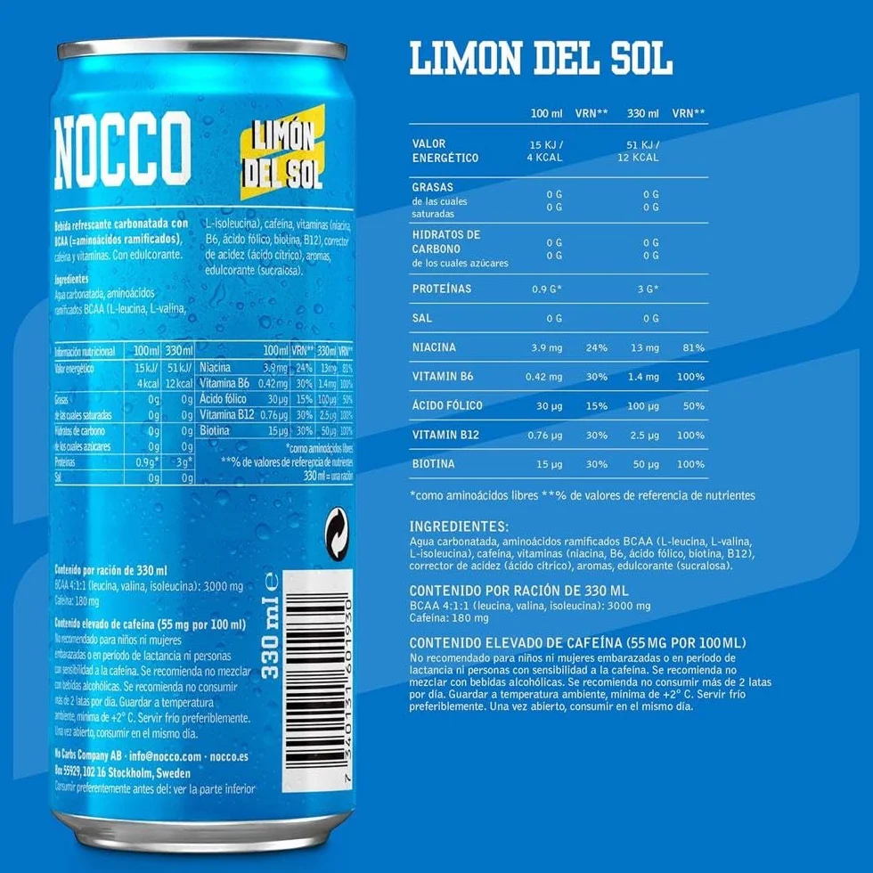 NOCCO BCAA - Bebida Energética con 180mg Cafeína, 3000 mg BCAA, Sin Azúcar, Sin Carbohidratos, Enriquecida con Vitaminas - 24 x 330ml inkl. Pfand (Mix Sabores)