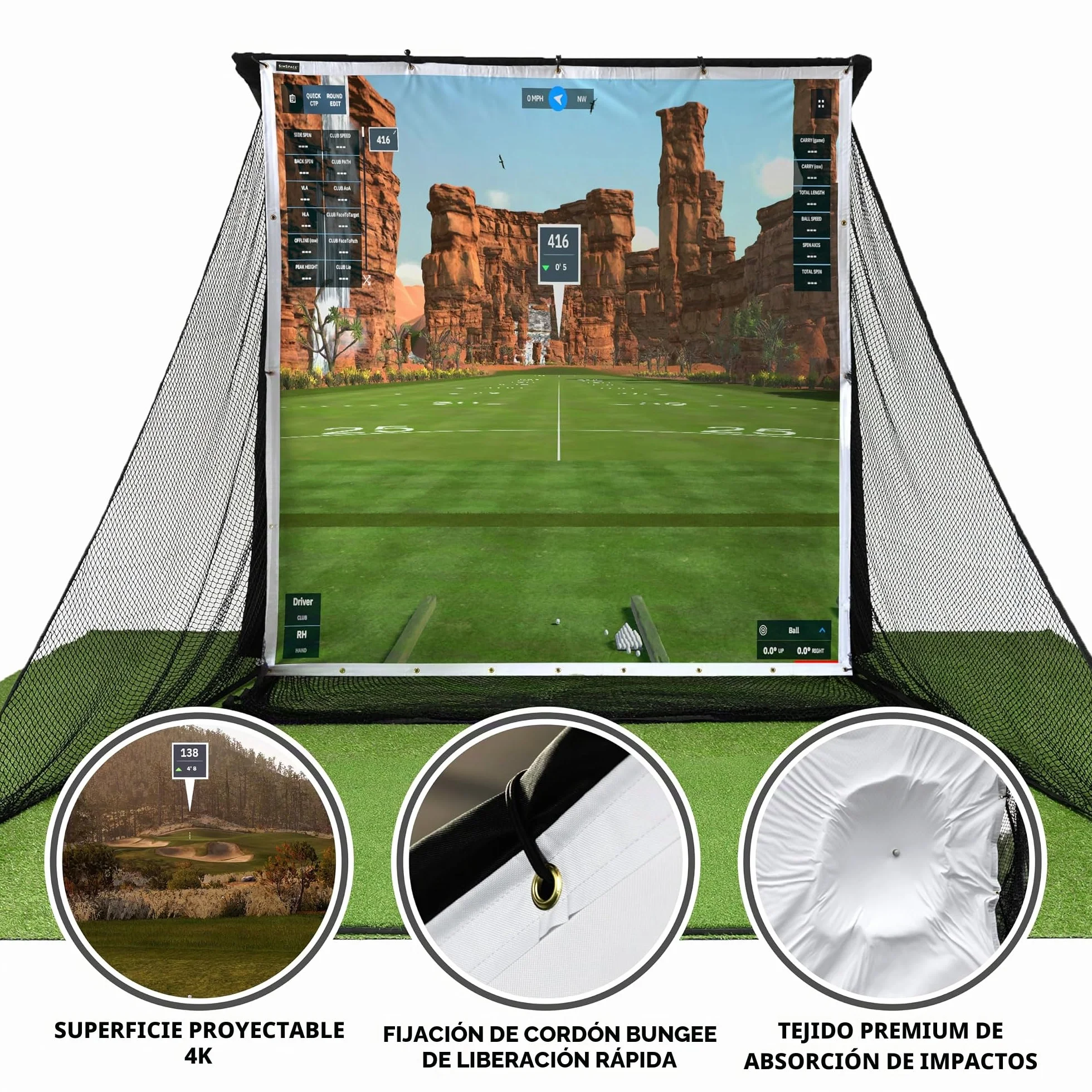 SimSpace Deluxe Home 2,4 x 2,5 m Pantalla de proyector para simulación de Golf Red de conducción Compatible 20 Cuerdas elásticas