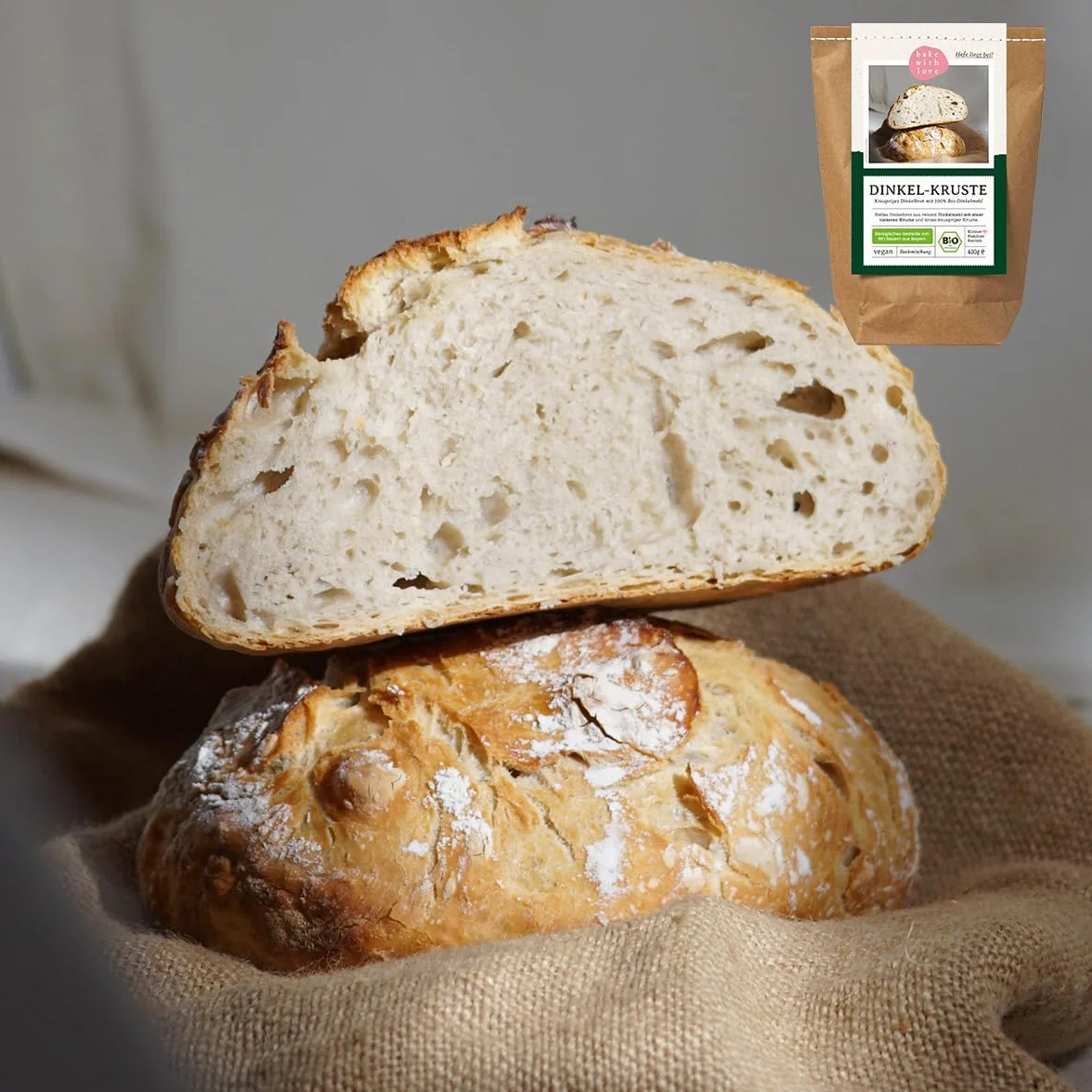 Bake with Love Bio Dinkel Brotbackmischung Dinkel-Kruste - 100% Dinkelmehl ohne Weizen - Brot backen mit Sauerteig - ohne Zusatzstoffe - für Brotbackautomat & Ofen - 1er Pack