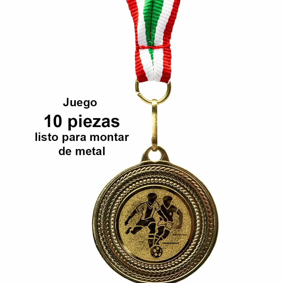 Medallas de fútbol metal dorado juego 10 con cinta verde blanco rojo emblema