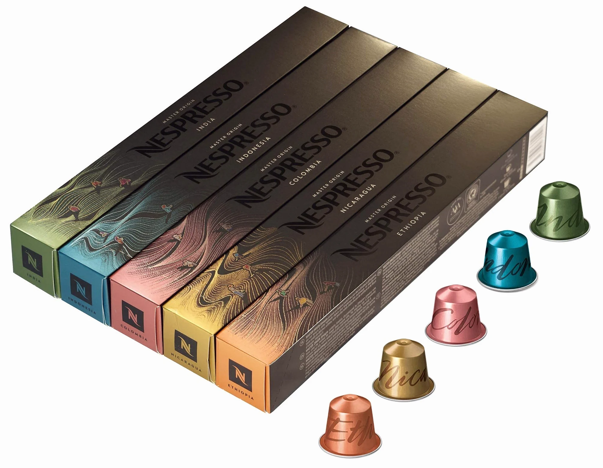 Nespresso Café Master Origin paquete variado 50 cápsulas: Colombia, Etiopía, India, Indonesia, Nicaragua - Sistema Original