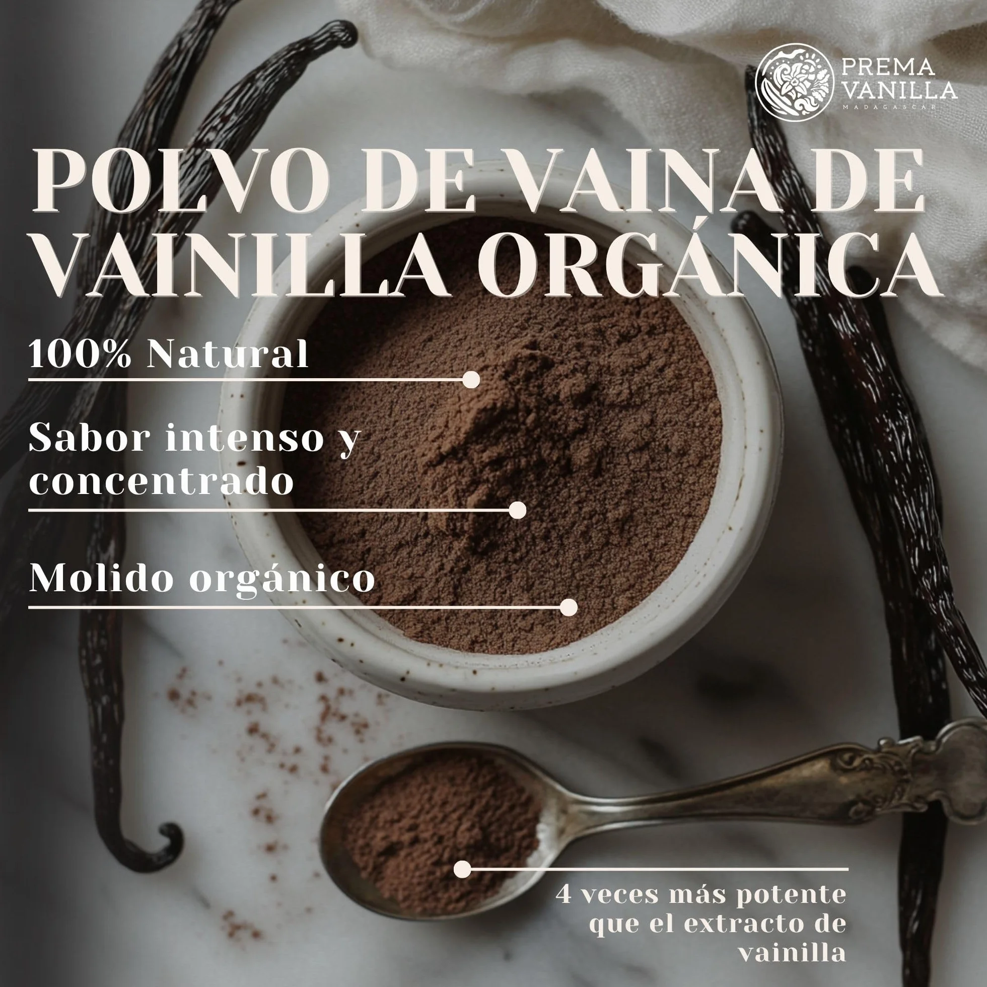 PREMA VANILLA Polvo de Vainilla Bourbon Premium – Vainilla en Polvo 100% Natural y Orgánica – Elaborada a partir de Vainas de Vainilla de Madagascar – Calidad Gourmet – Aroma Puro e Intenso