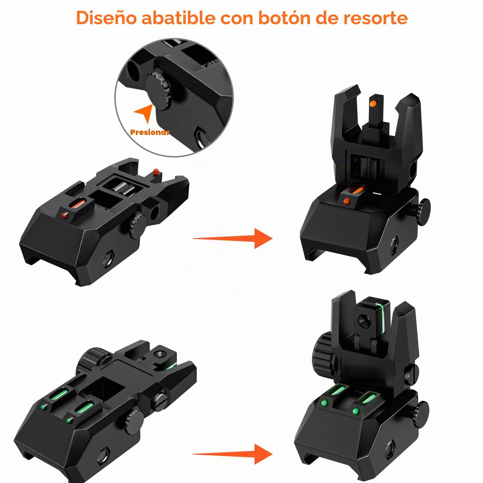 Miras de fibra óptica abatibles delanteras y traseras de nailon rojo verde ajustable sin herramientas