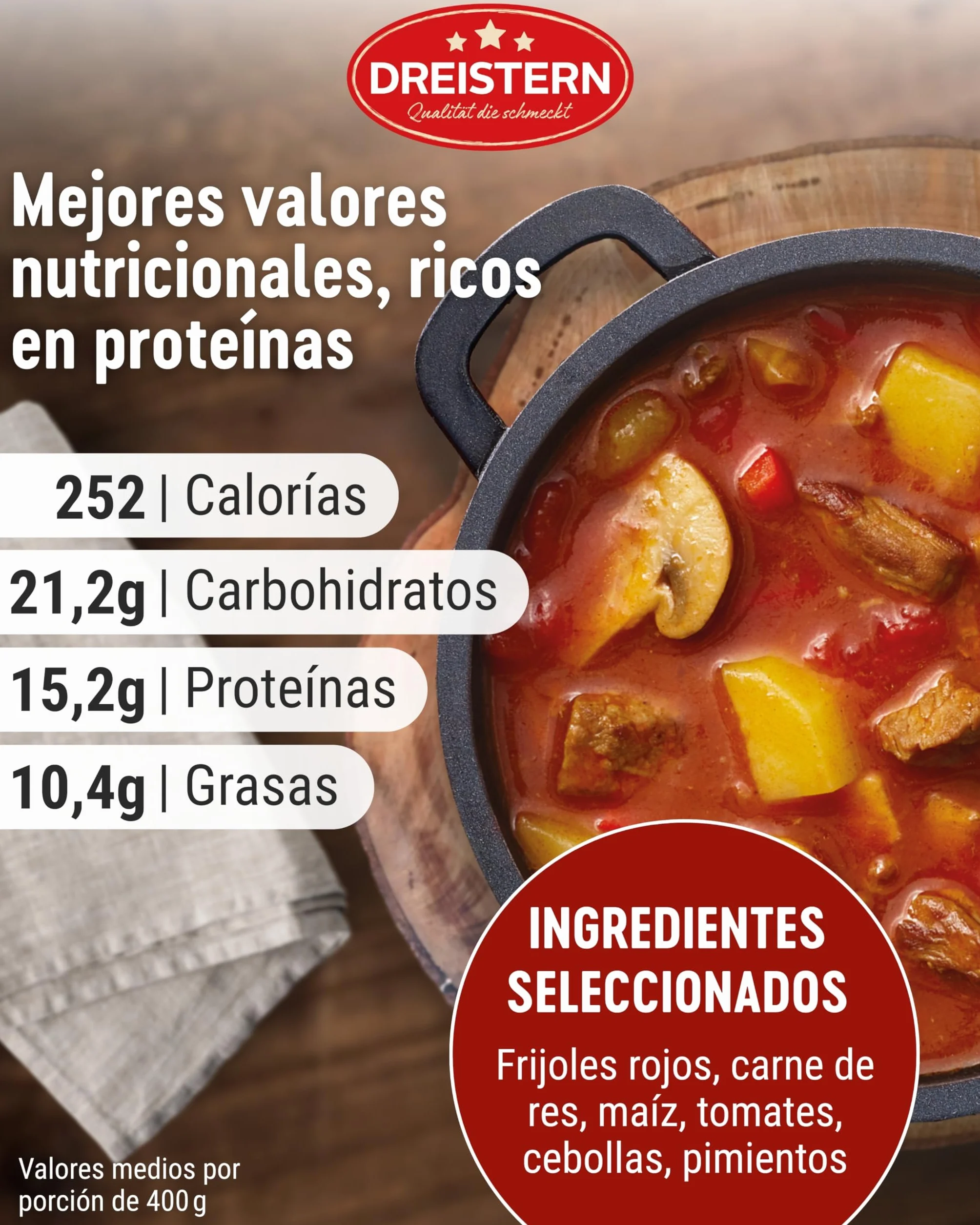 DREISTERN Sopa de Gulash Picante 400 g I Con carne de res tierna & verduras I Guiso picante en lata reciclable I Larga duración gracias a la conservación natural I Calidad casera