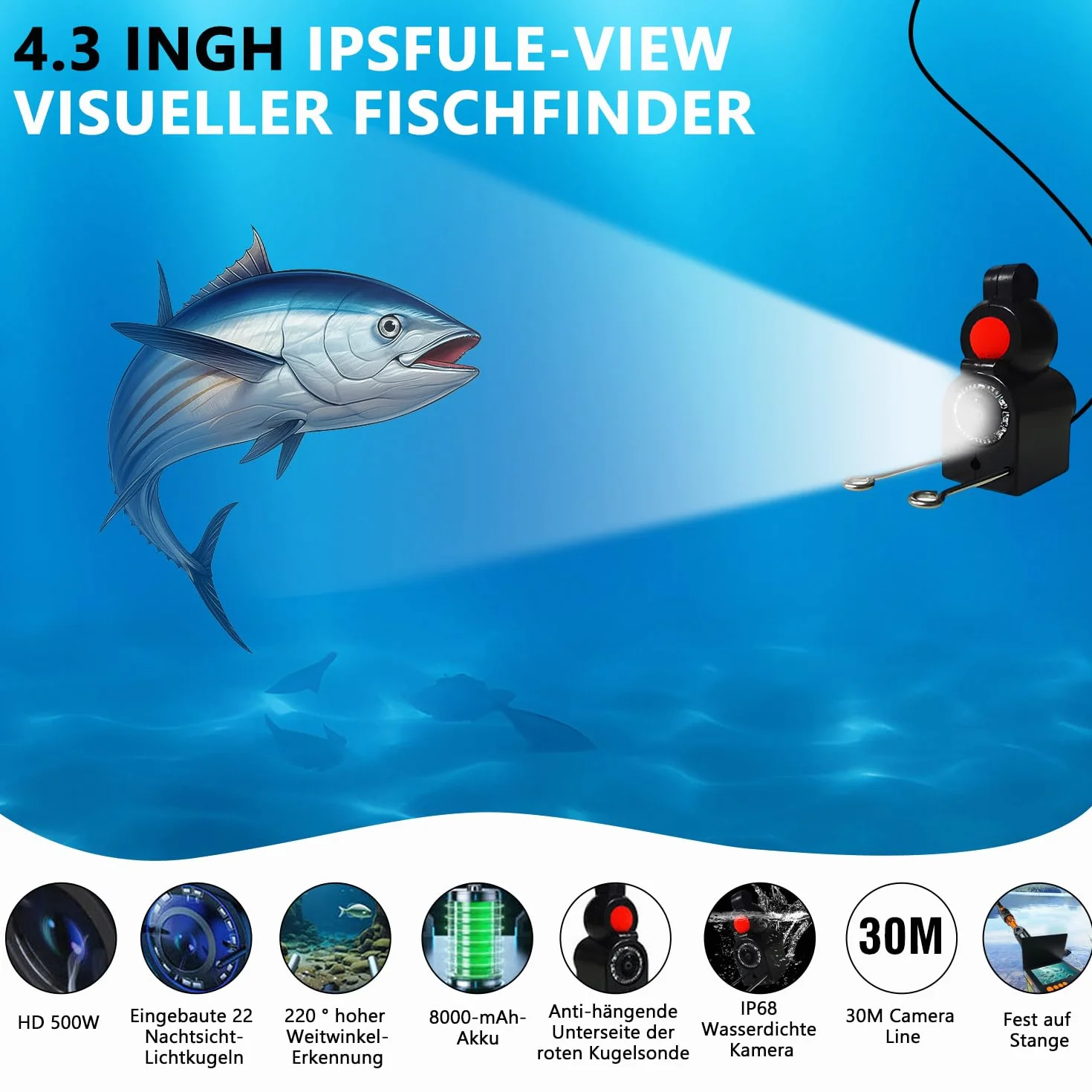 Cámara subacuática para pesca con pantalla IPS 4,3 pulgadas, cable 30 m, gran angular 220°, visión nocturna