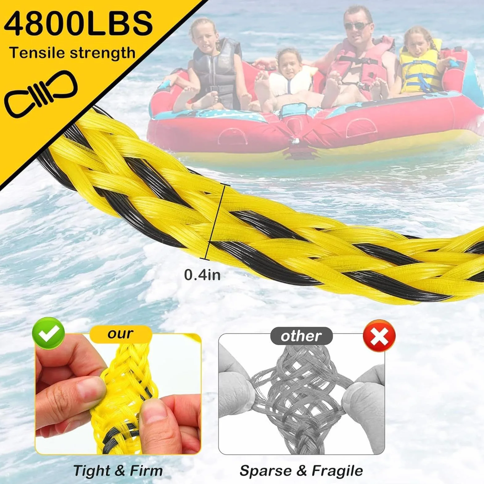 Arnés de remolque de botas - cuerda de remolque de deportes acuáticos, dispositivo de tren de tubo para 4 personas, bote de cuerda de remolque robusto