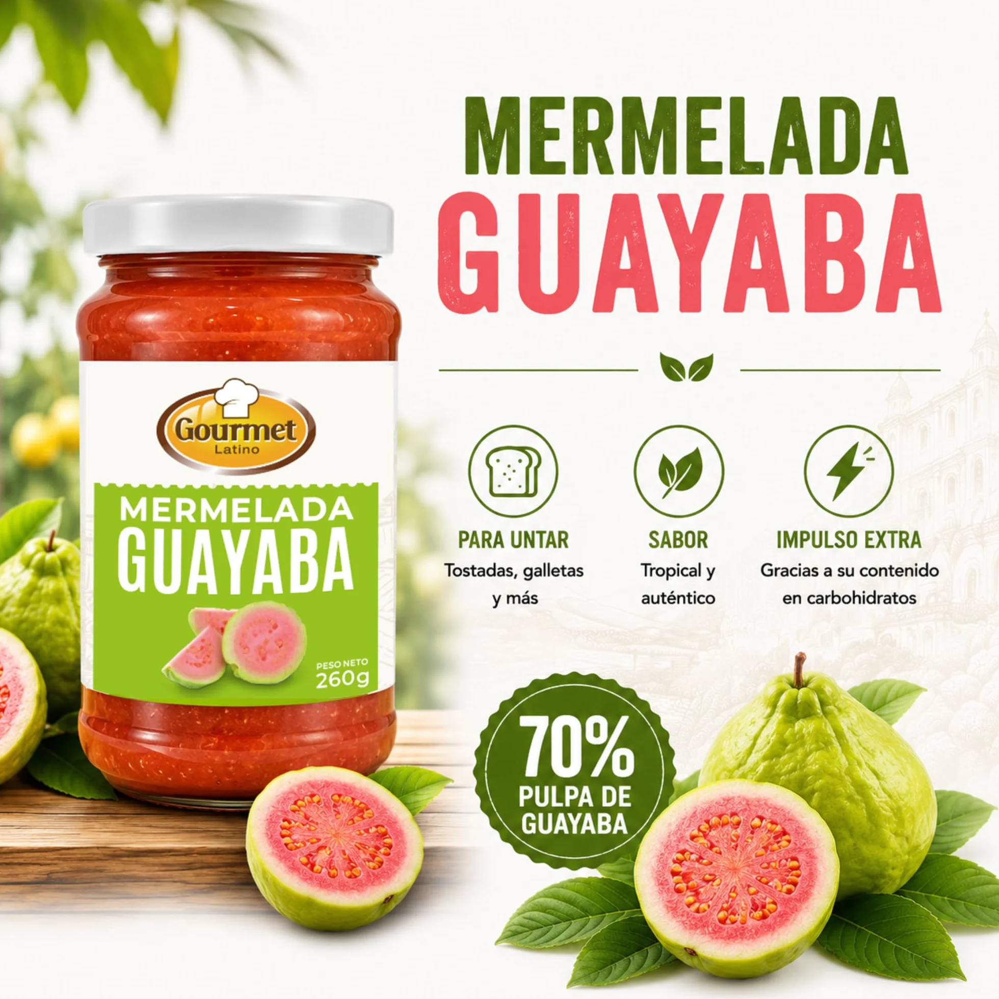 Gourmet Latino - Mermelada de Guayaba - 260 g - Ideal para Desayuno o Meriendas - Sabor Tropical Auténtico - Alto Contenido en Hidratos de Carbono