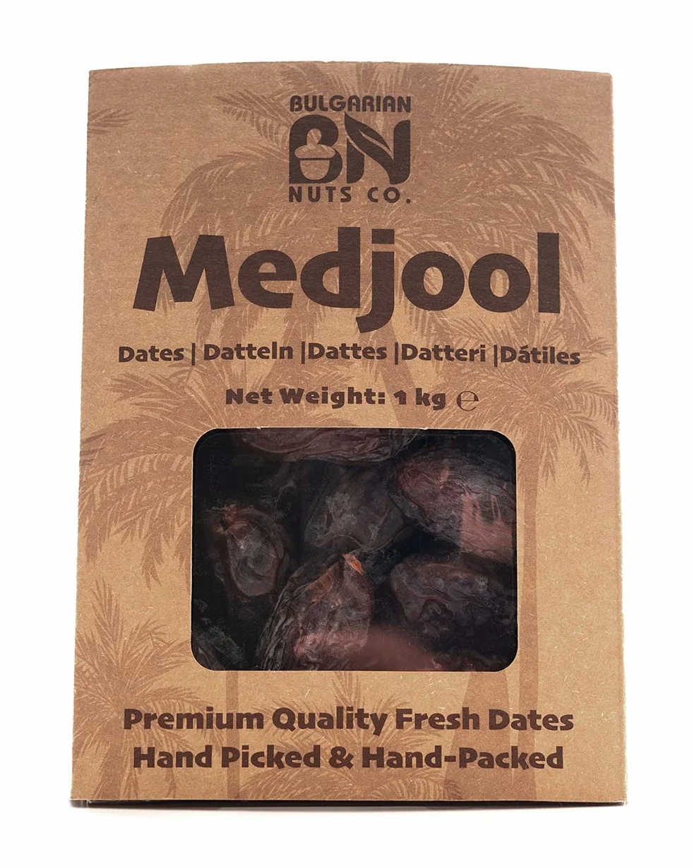 1 kg de Dátiles Medjool Frescos con Hueso, Grandes, naturalmente dulces, sin azúcar añadido, 100% puros y naturales, sin aditivos ni conservantes. Un aperitivo suave, jugoso y energético.