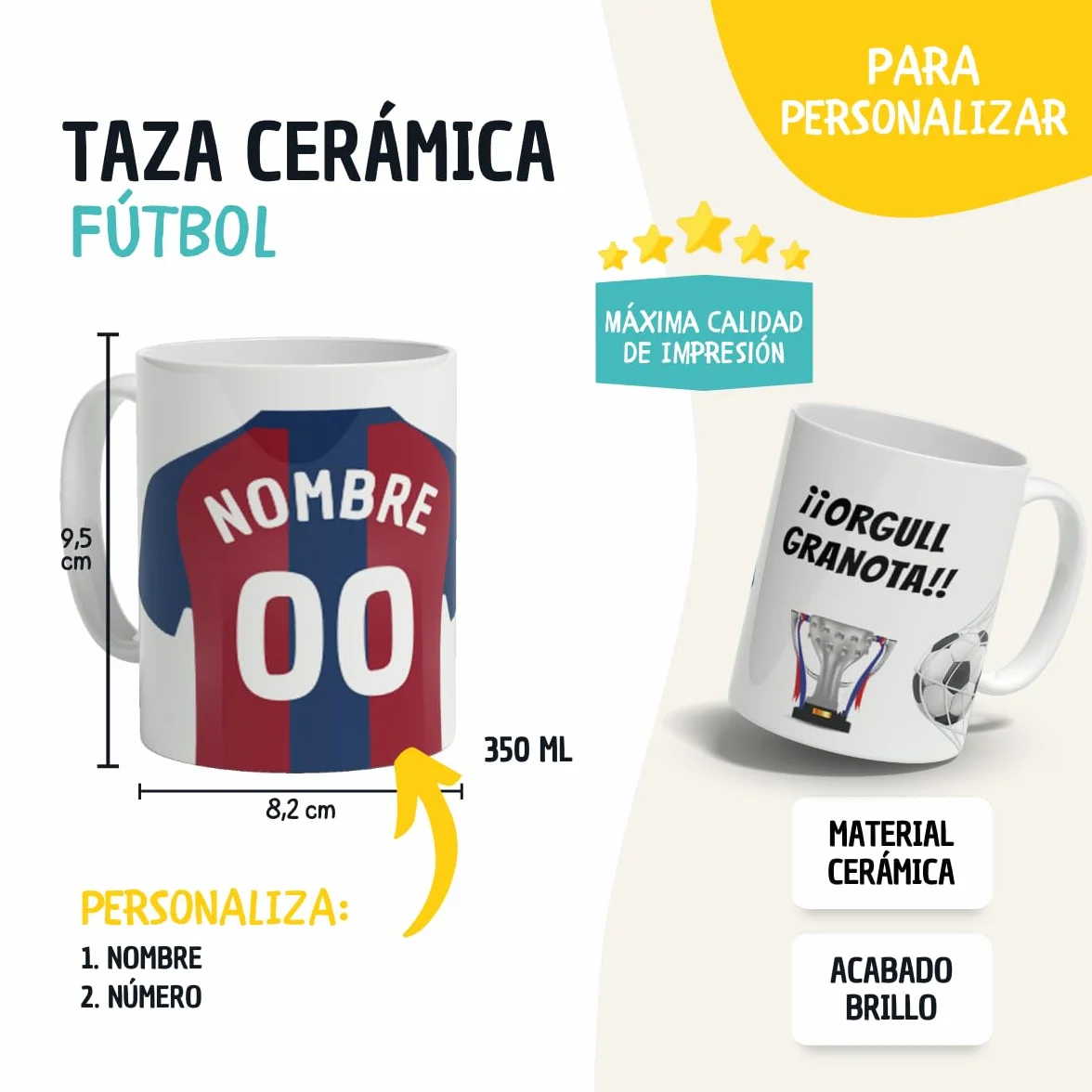 Taza Personalizada Estilo Fútbol con Nombre y Número, Regalo Original para Aficionados, Niños y Adultos