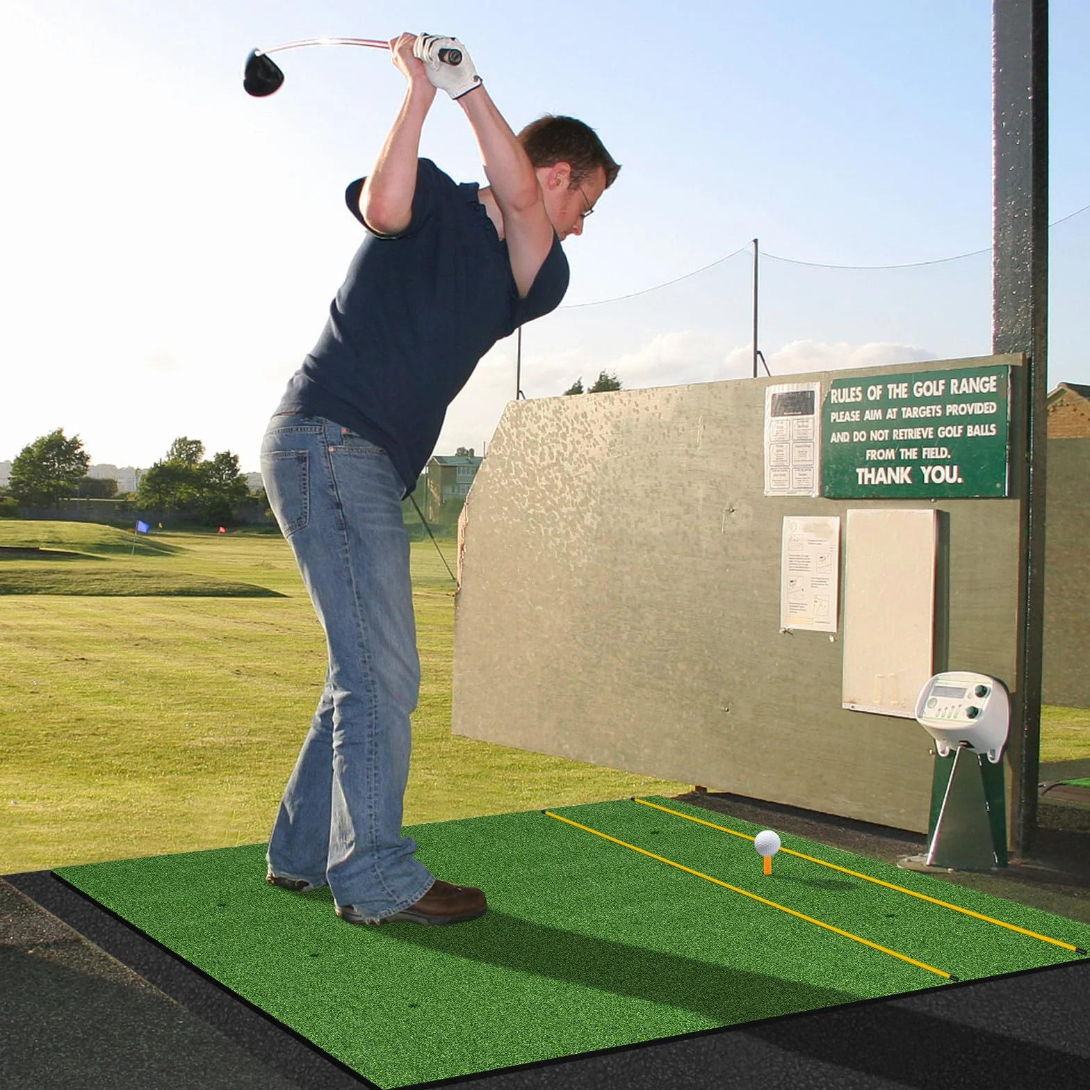 COSTWAY Tapete de Golf 3 en 1, Alfombrilla de Césped Sintético 20/25mm, 2 Tees y 2 Palos de Alineación