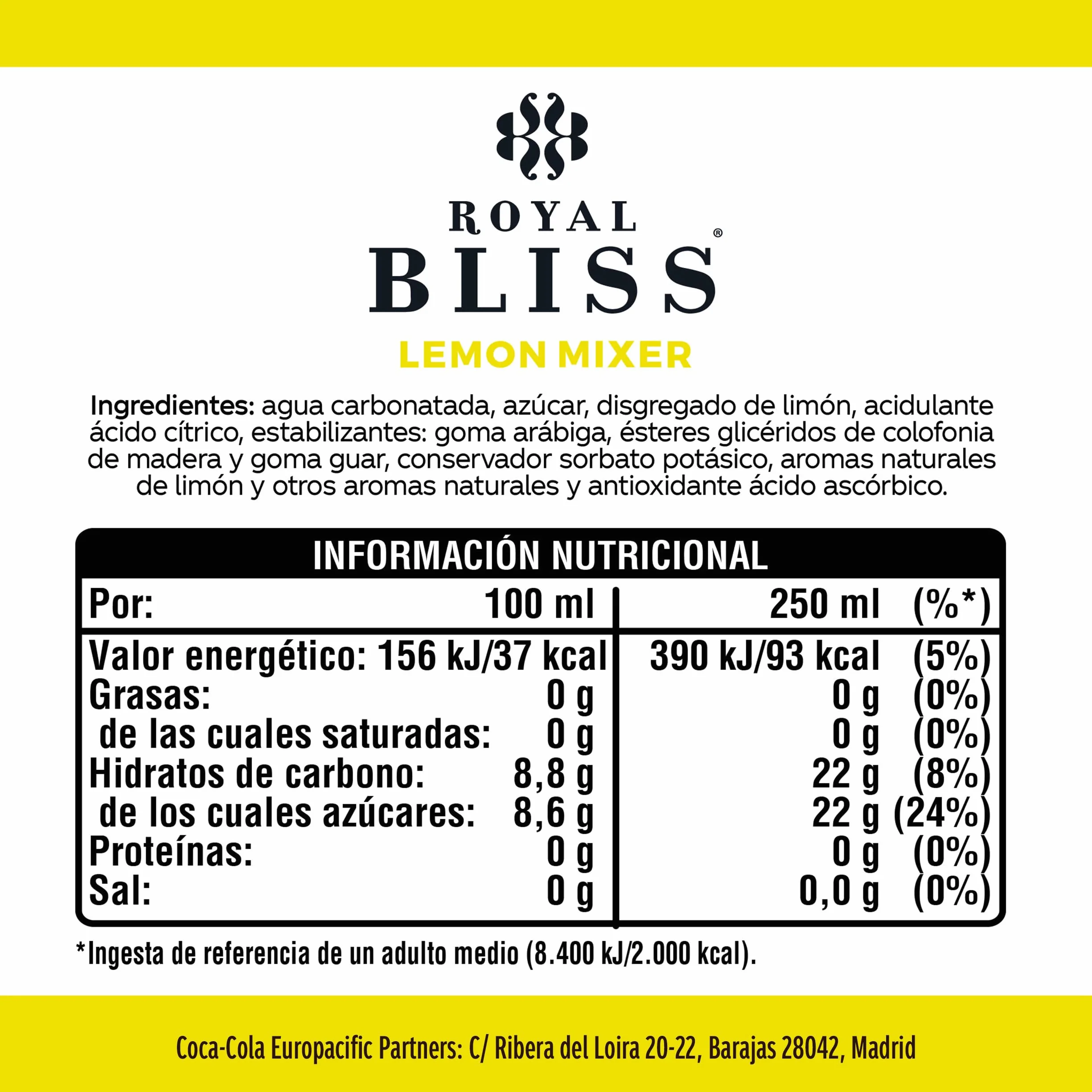 Royal Bliss Lemon Mixer, Tónica Aromatizada y Refrescante - Pack de 12 Latas de 250 ml