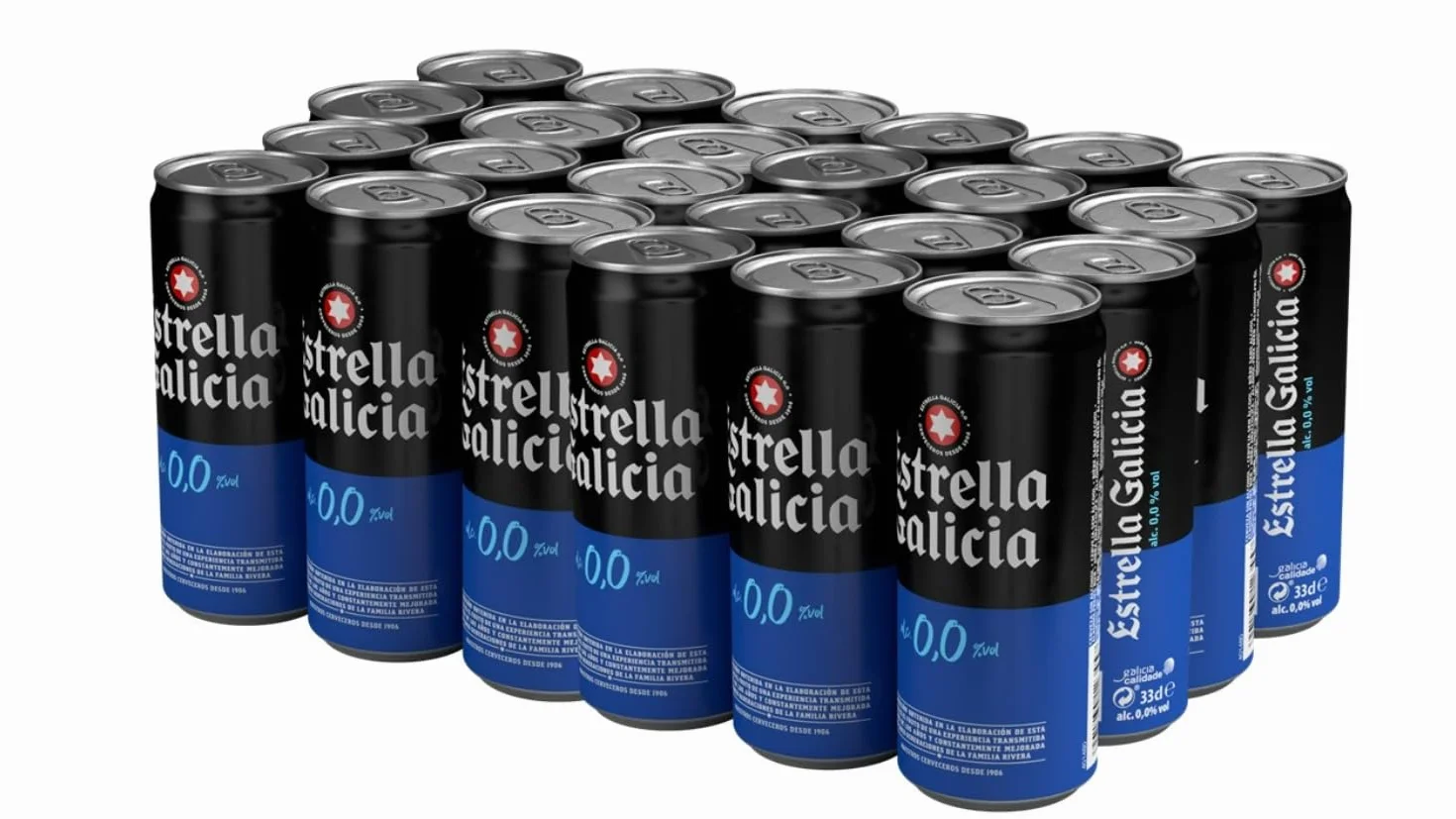Estrella Galicia 0,0 - Cerveza Lager sin Alcohol, 24 Latas x 33 cl, Sabor Ligero y Refrescante, Aroma a Maltas y Lúpulo, 0% Volumen de Alcohol