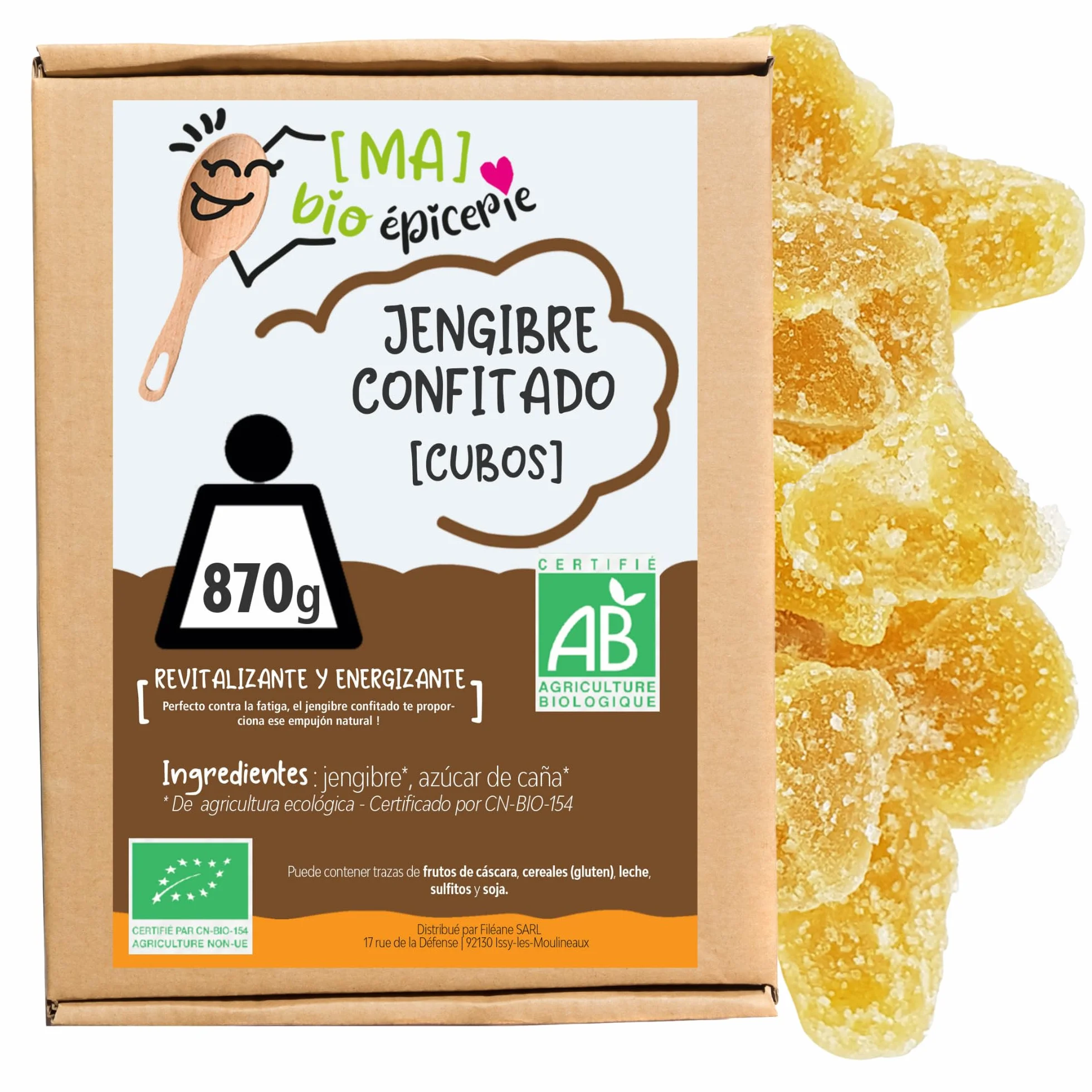 [MA] bio-épicerie | Jengibre confitado BIO en cubitos | 870G | Suelto en confección | Certificado ecológico | Fruta confitada