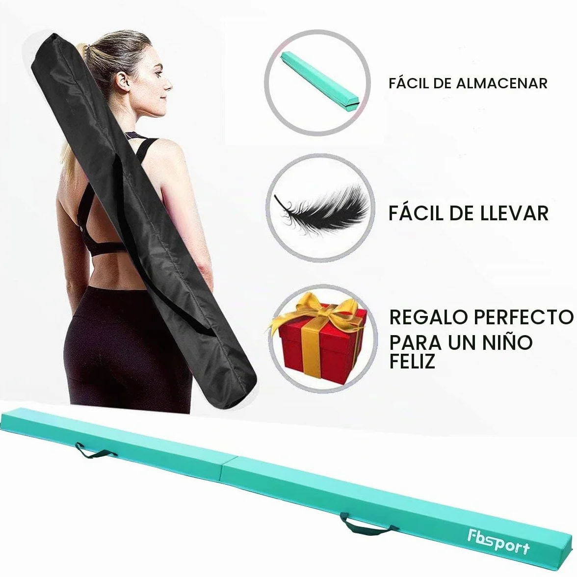 FBSPORT Barra de Equilibrio Plegable 240 cm PU Cuero con Bolsa de Transporte, Viga de Gimnasia Artística Antideslizante