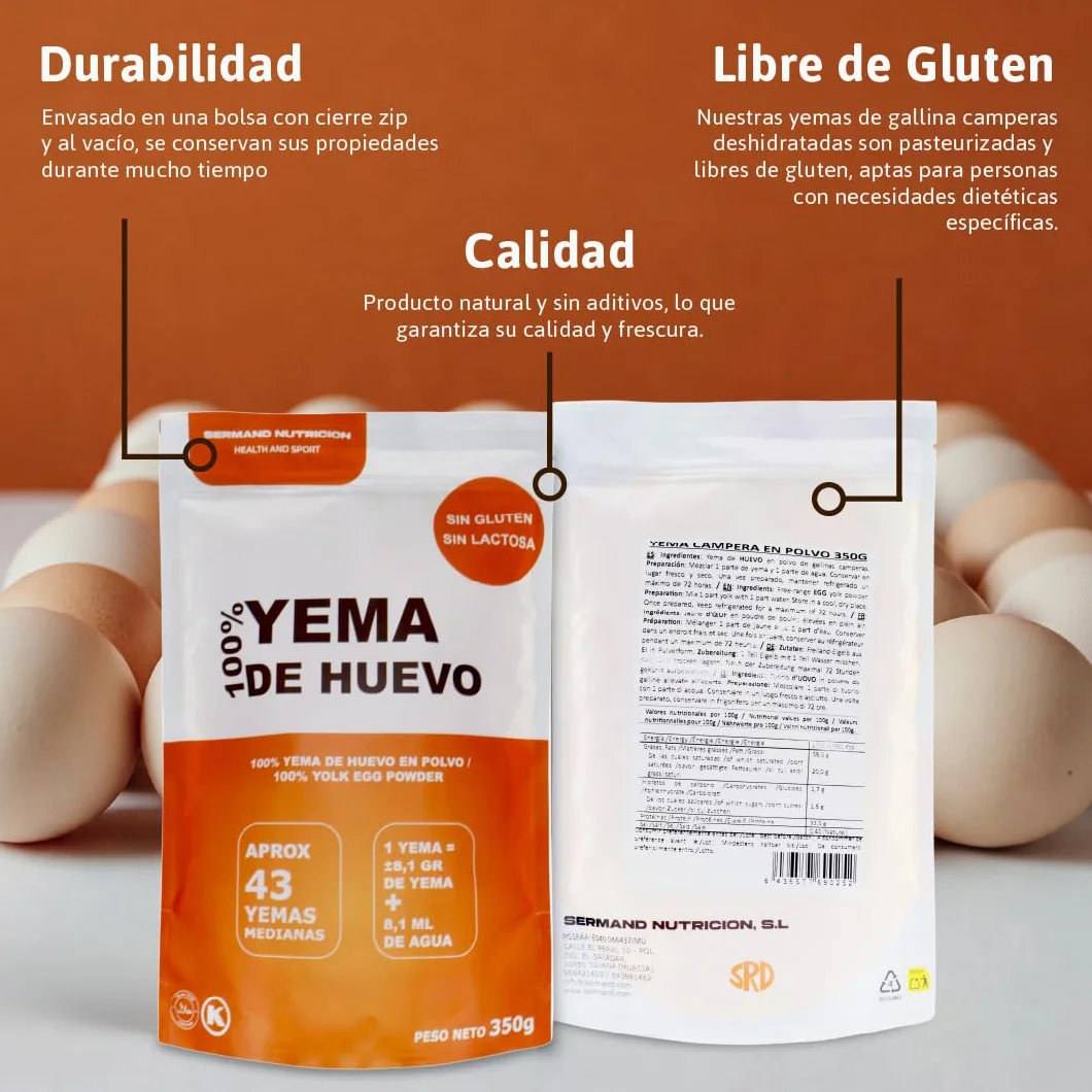 Yema de Huevo en Polvo 350g Yemas de Huevos Camperos Sin Aditivos Sin Lactosa Bolsa Zip
