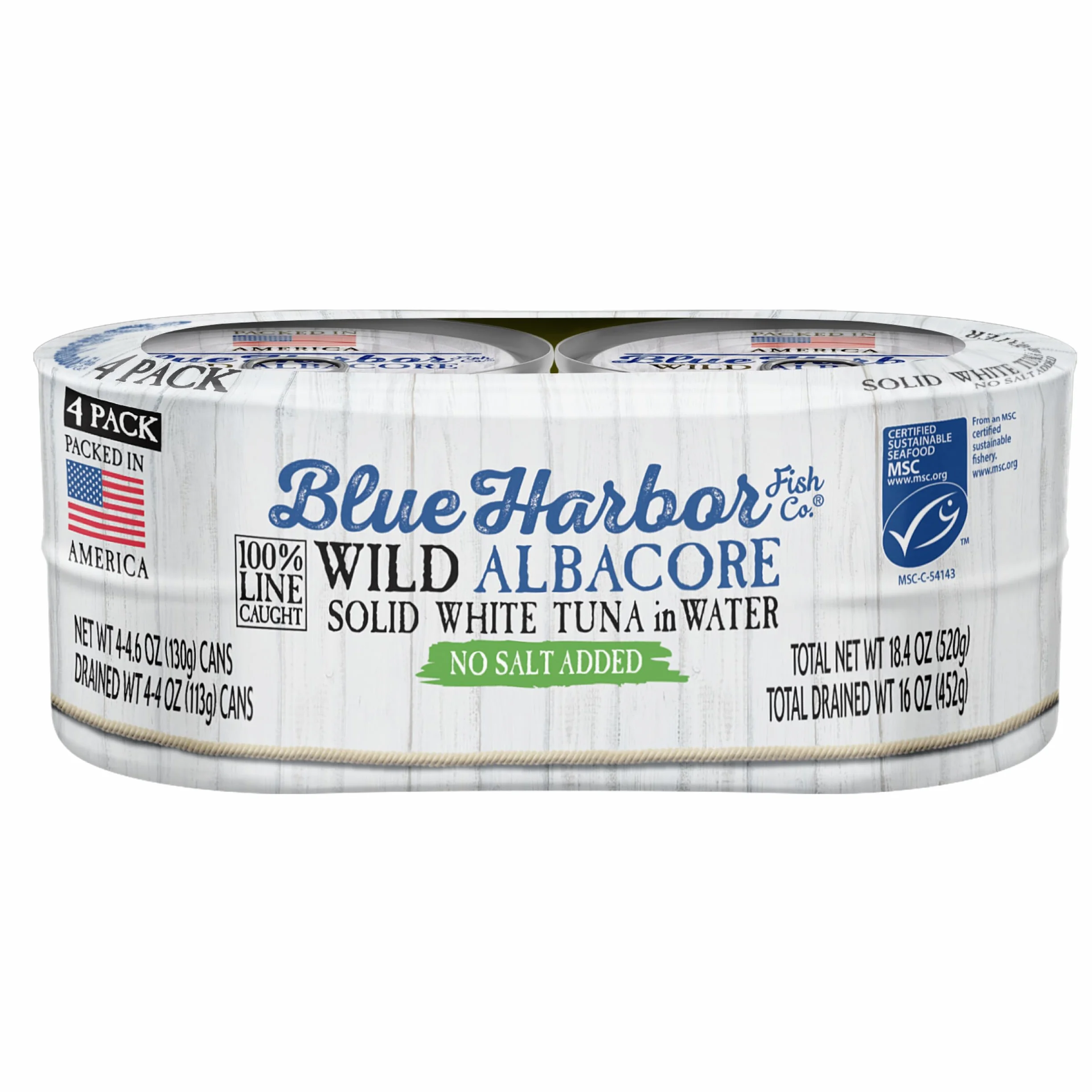 Blue Harbor Fish Co. Atún blanco sólido Wild Albacore en agua, sin sal añadida, atún enlatado de 4.6 onzas (paquete de 4)