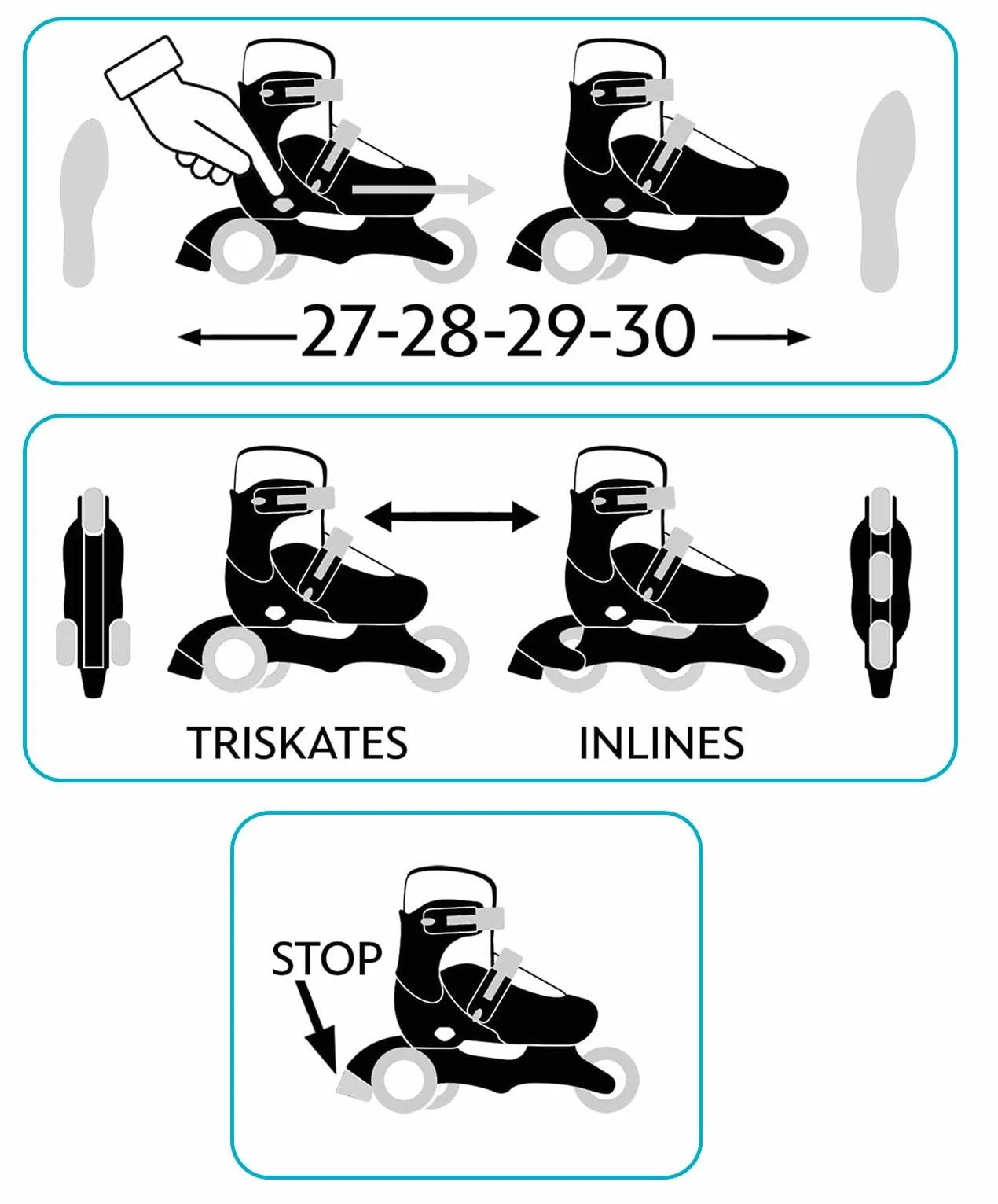 Adjustable Two in One 3 Wheels Skate Stamp Stitch Azul Sizes 27-30