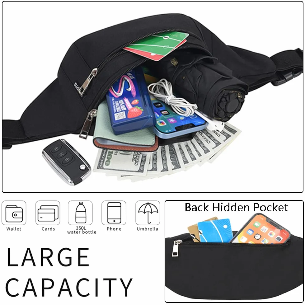 Riñoneras Deportivas Ajustables para Hombre y Mujer, Bolsa Bandolera para Gimnasio, Viajes, Correr, Senderismo (Negro)