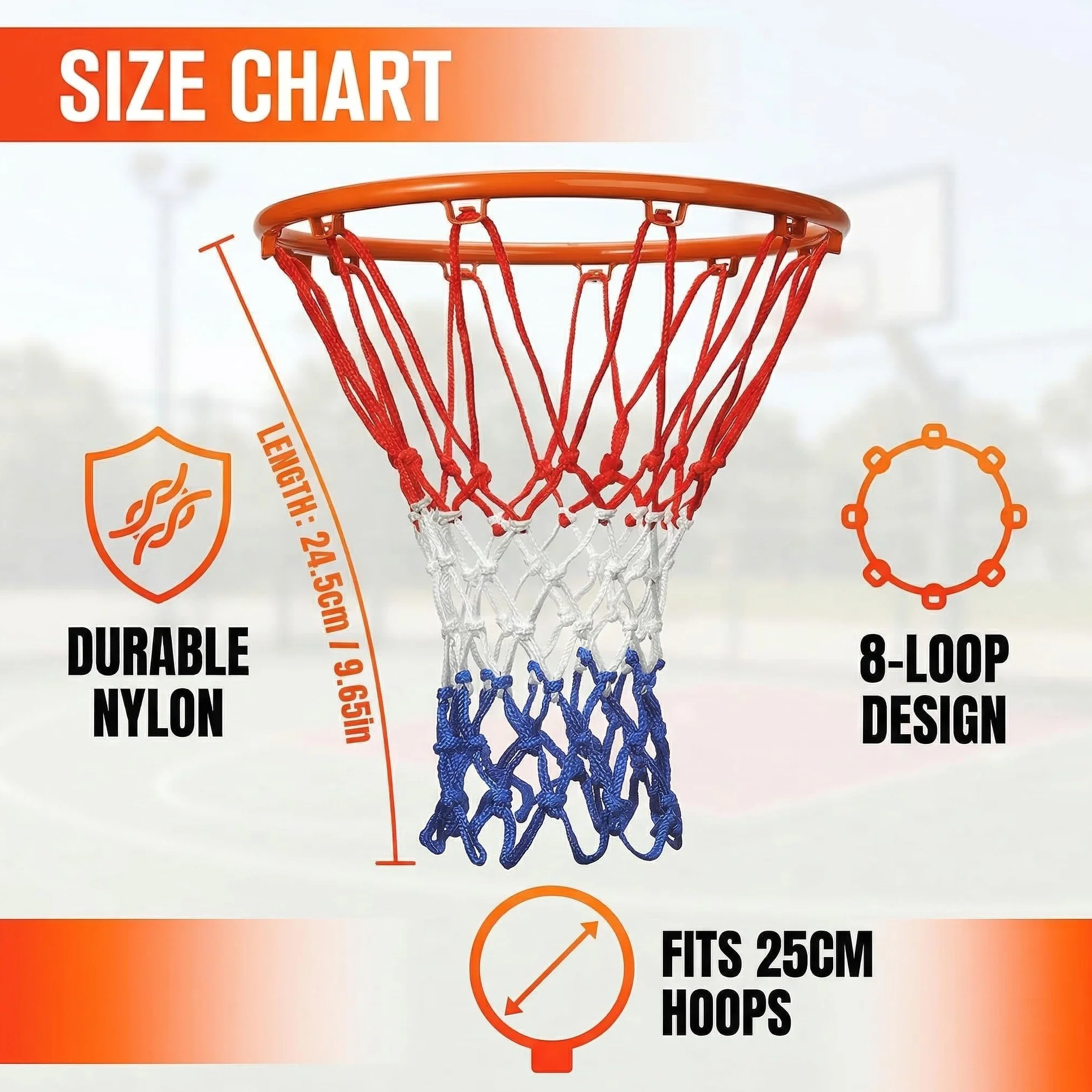 Red de repuesto para baloncesto 4 Piezas, tamaño pequeño, para cestas de 20 a 26 cm, 8 trabillas