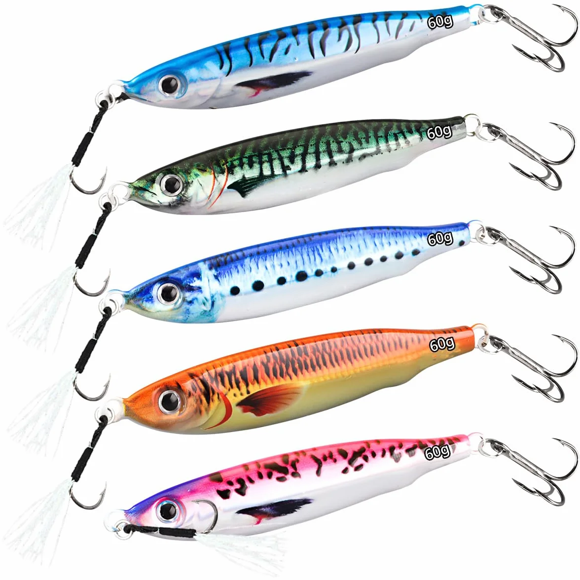 WASAGA Señuelos de Pesca Hundidos Impresión 3D 5 Piezas 20g-80g Cebo Giratorio Metal Duro Agua Salada Dulce Lubina Caballa Jigging