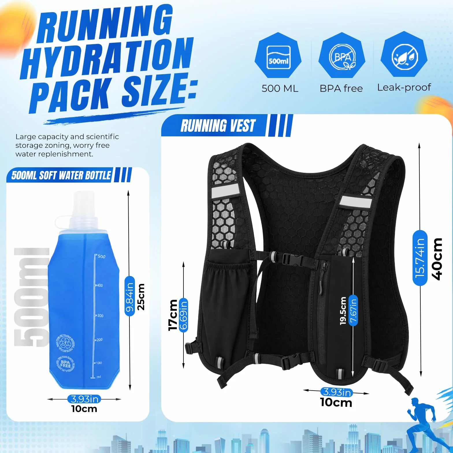 Chaleco Hidratación Trail Running con Soft Flask 500ml, Mochila Ligera Transpirable Reflectante para Hombre Mujer Maratón